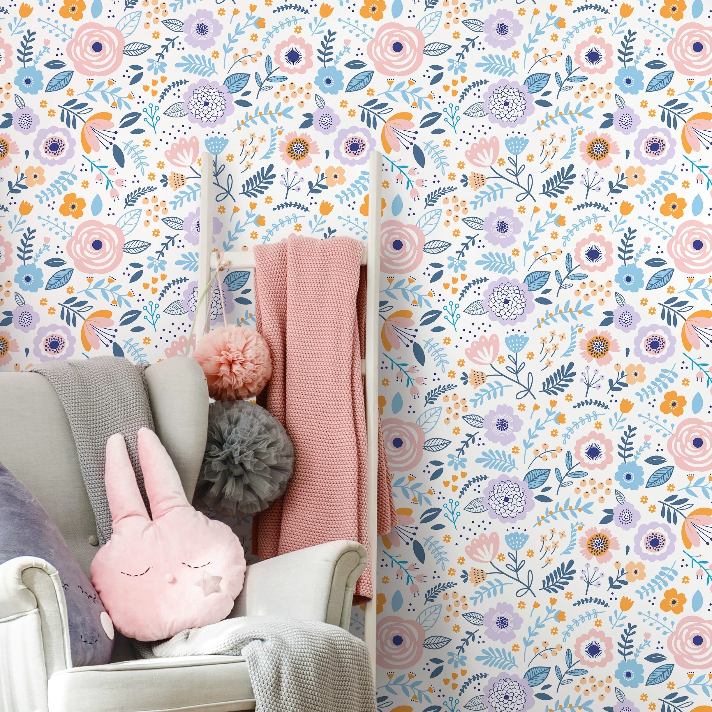 Floral Wallpaper With Whimsical Wildflowers In Pink, Blue, And Orange - D933