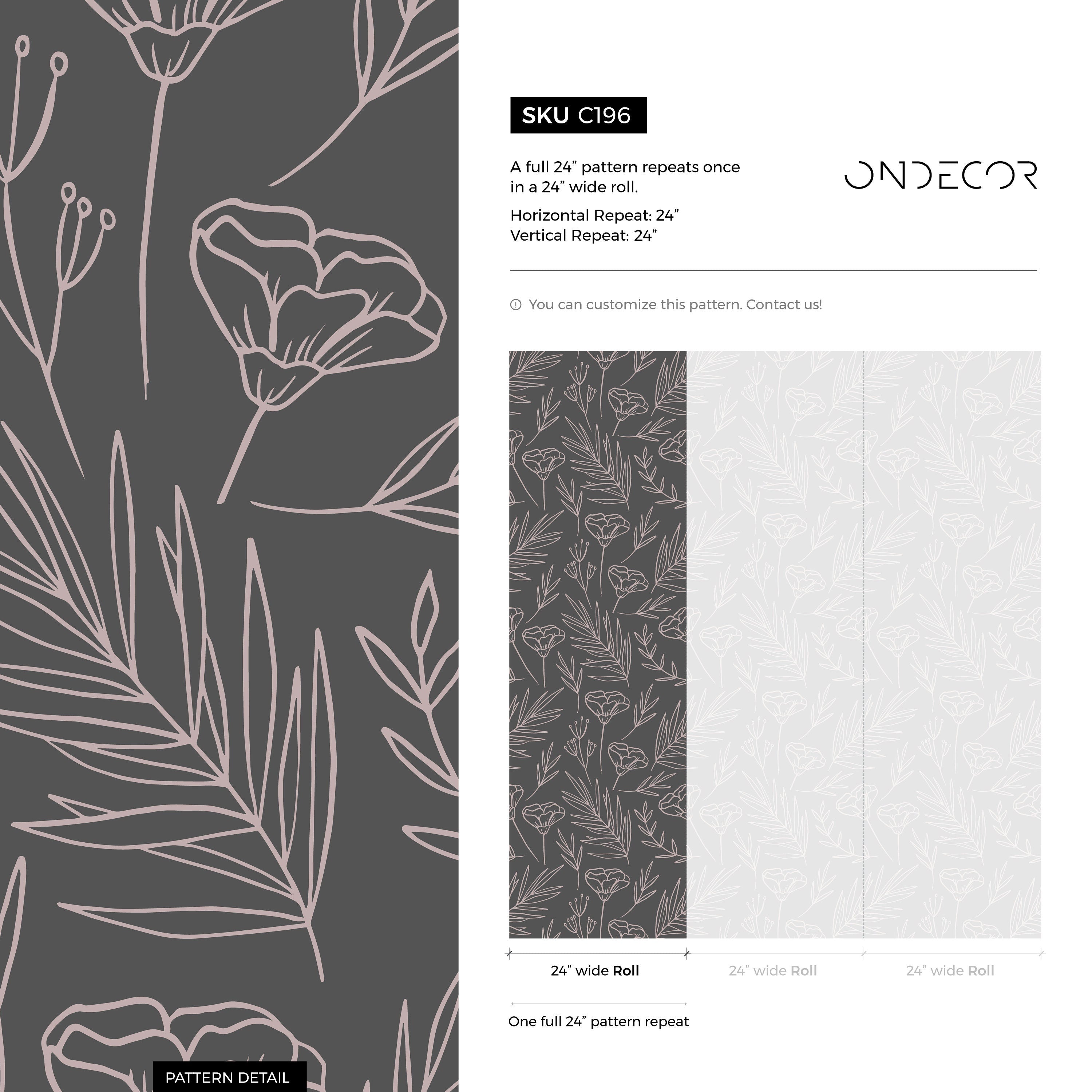 Floral Wallpaper With Minimalist Line-drawn Flowers In Gray And Pink - C196