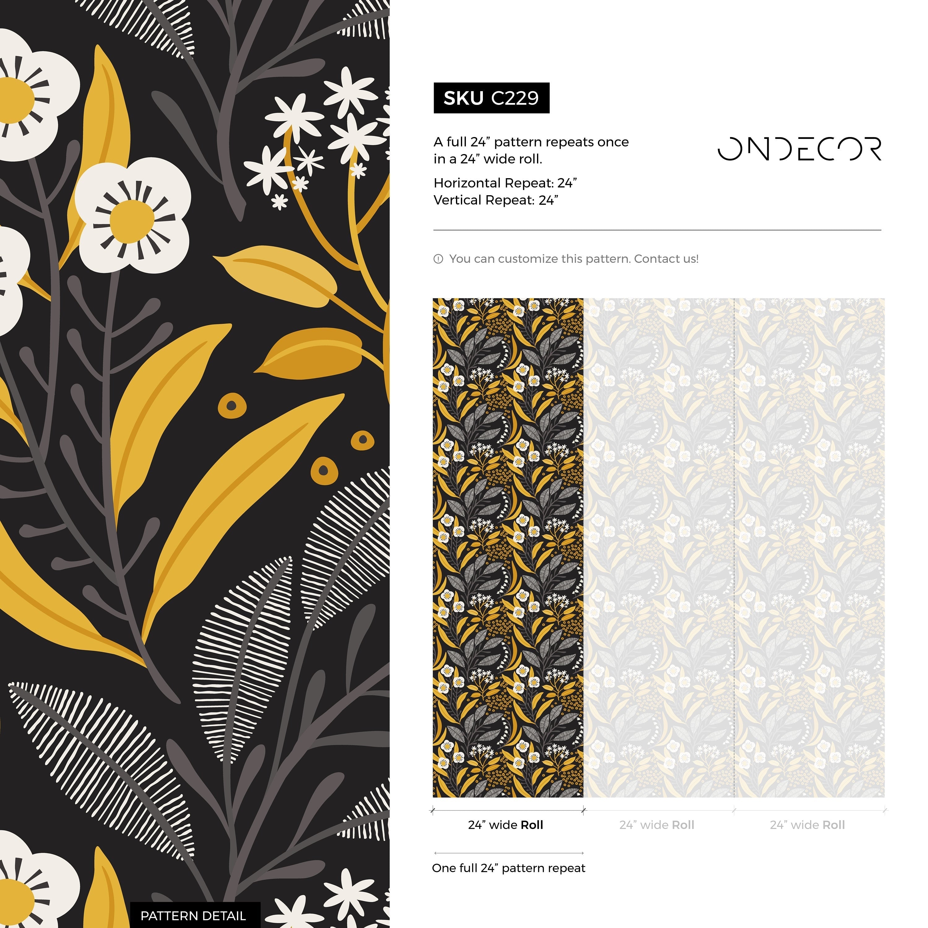 Floral Wallpaper With Stylized Leaves And Berries In Yellow, Grey, And Black - C229