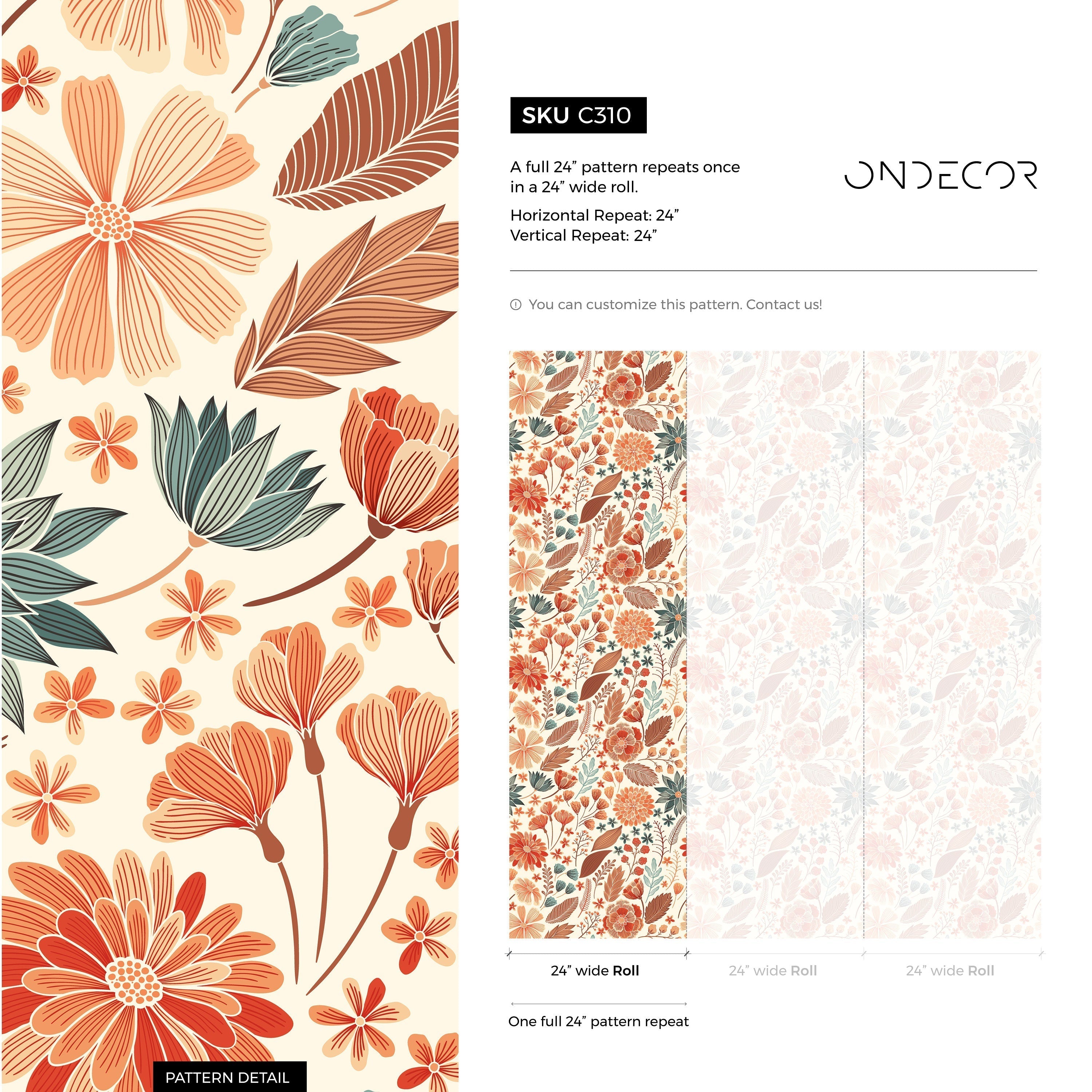 Floral Wallpaper Featuring Stylized Garden Blooms In Orange, Teal, And Brown - C310