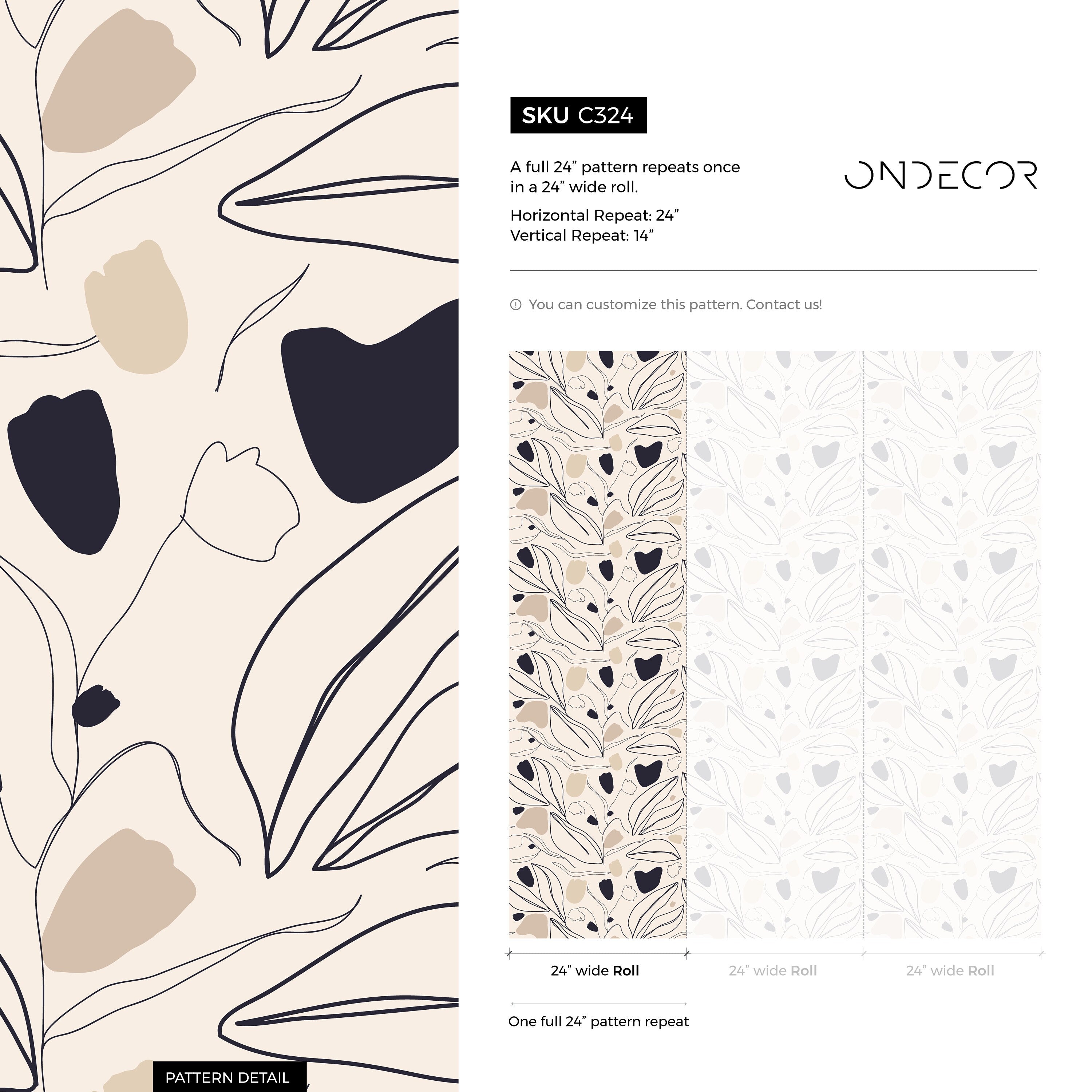Botanical Wallpaper With Abstract Line Art Leaves In Black, Beige, And Tan - C324