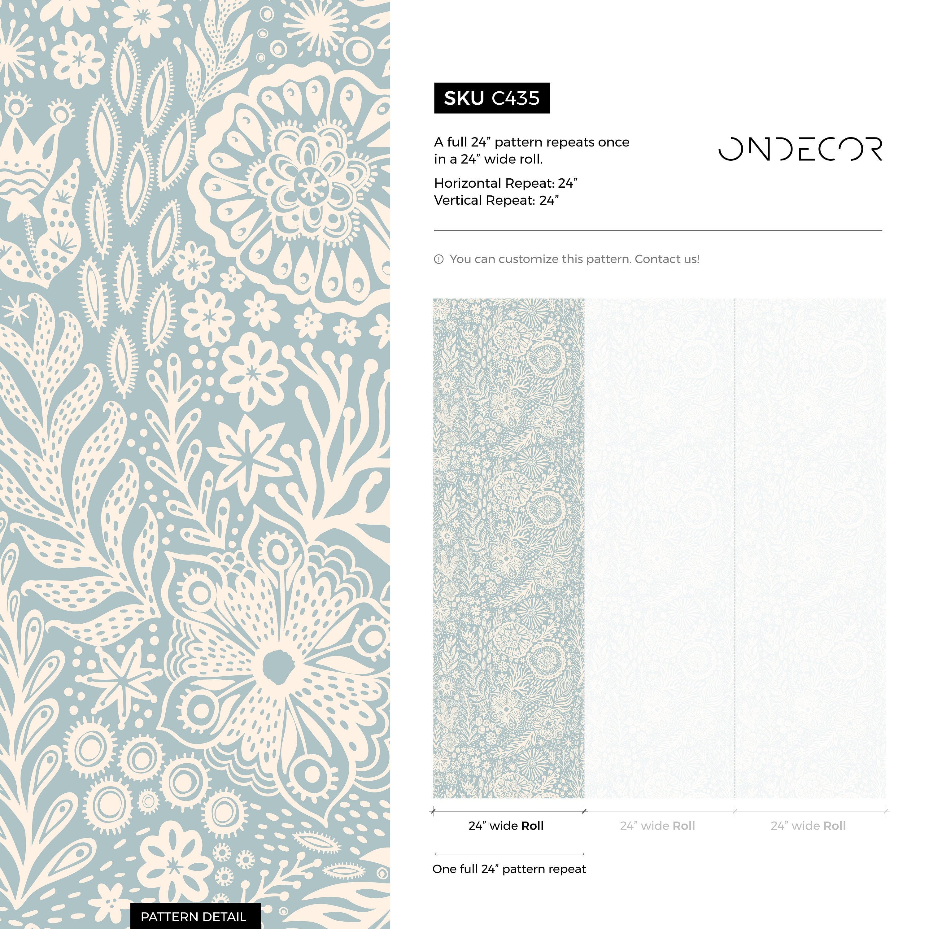 Floral Wallpaper With A Whimsical Folk Art Motif In Blue And Cream - C435