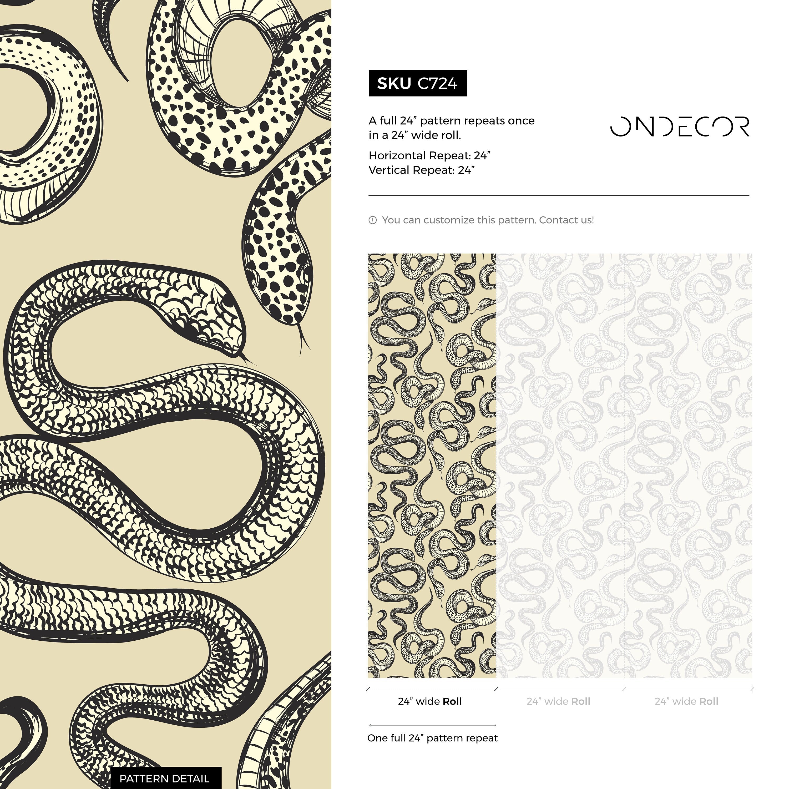 Animal Wallpaper With A Hand-drawn Snake Motif In Beige And Black - C724