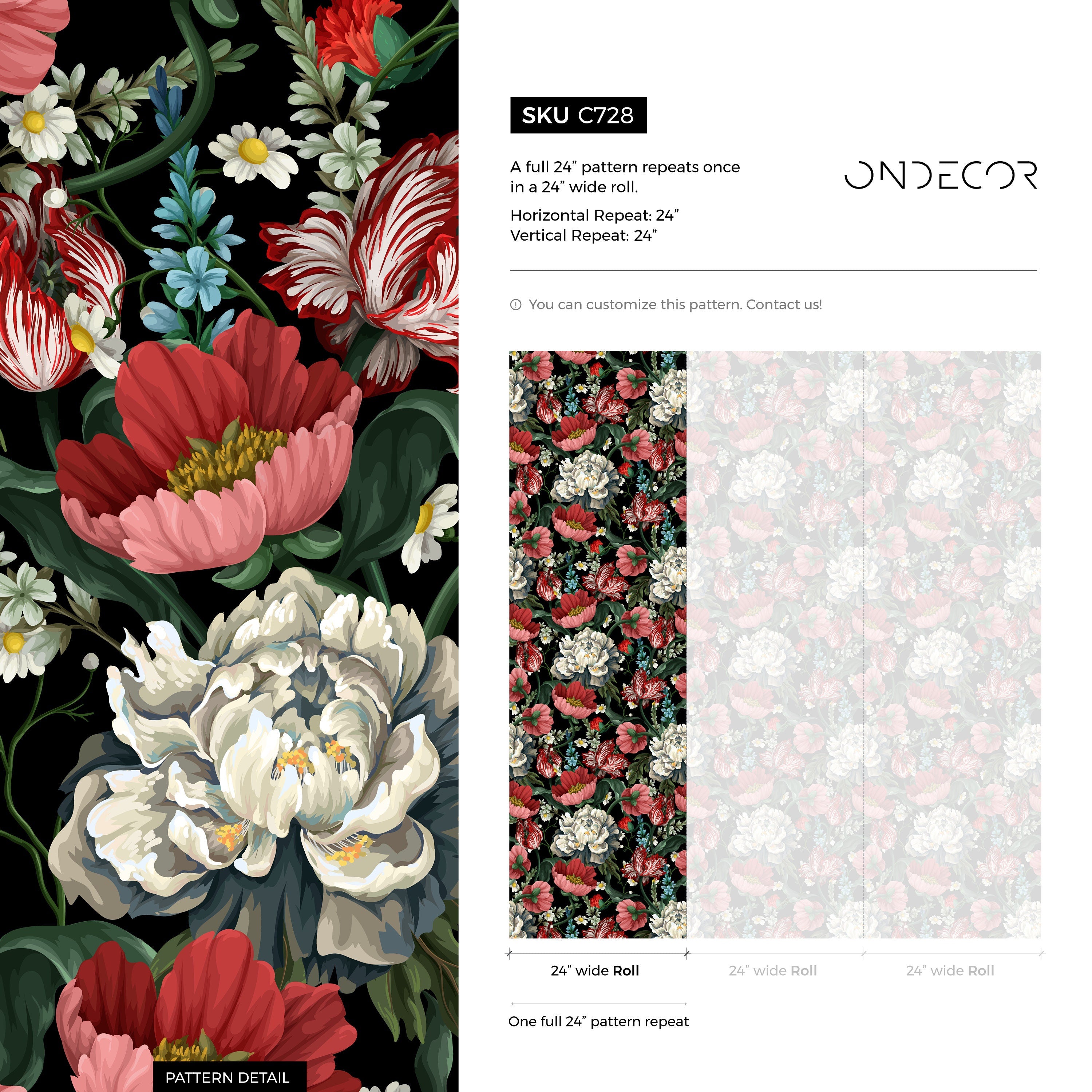 Vintage Botanical Wallpaper With Peonies And Tulips In Red And White - C728