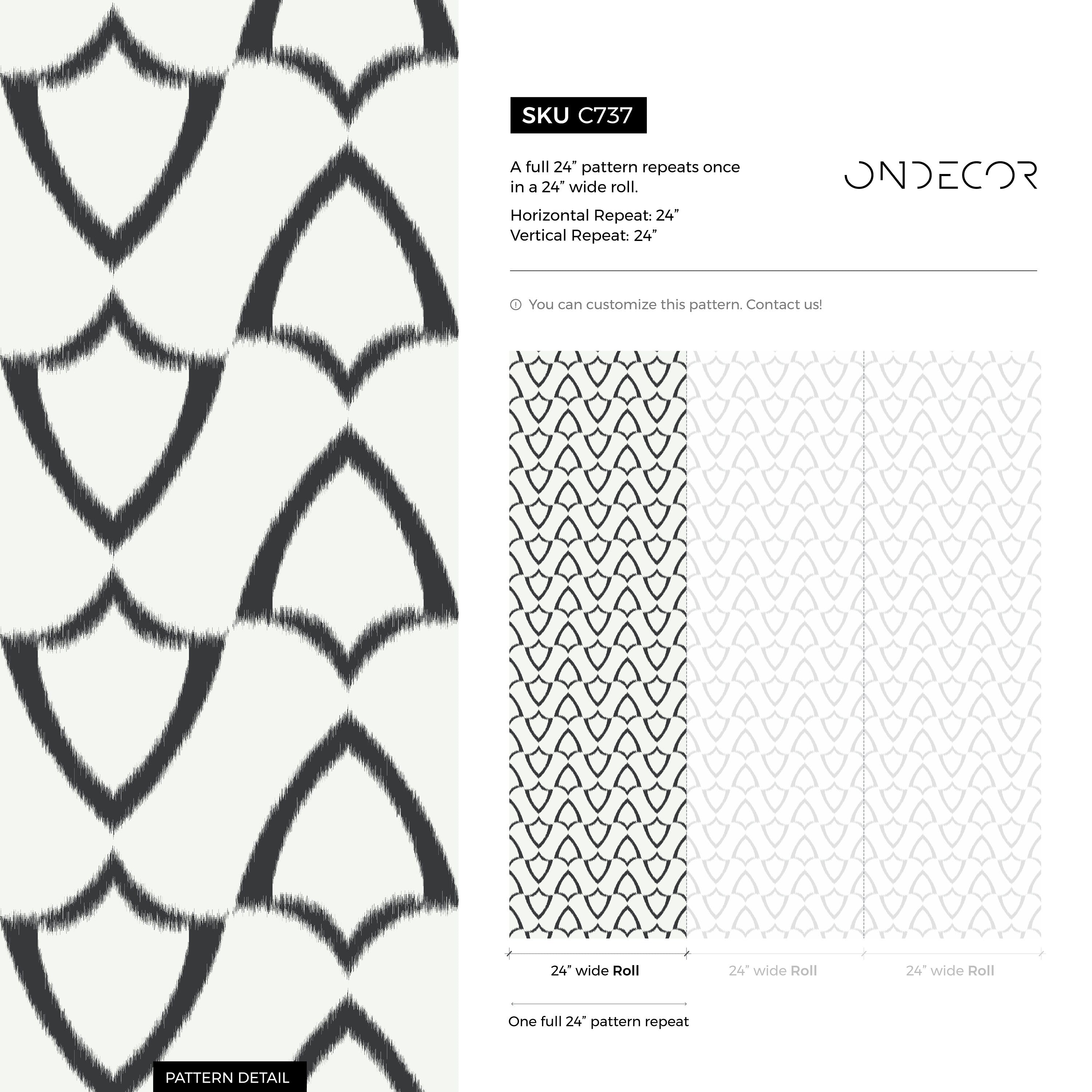 Ikat Wallpaper With A Rhythmic Scalloped Motif In Black And White - C737