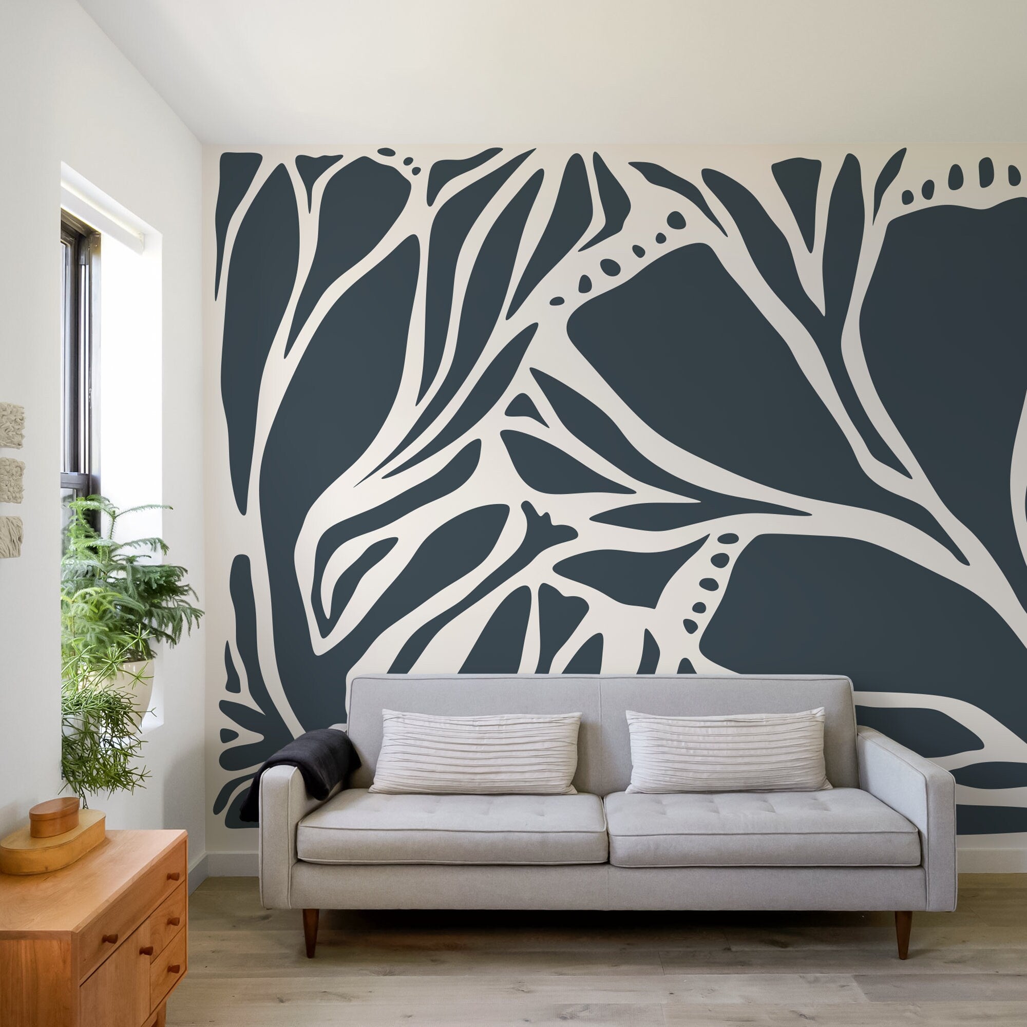 Abstract Wallpaper With Bold Organic Shapes In Dark Grey And Off-white - D631