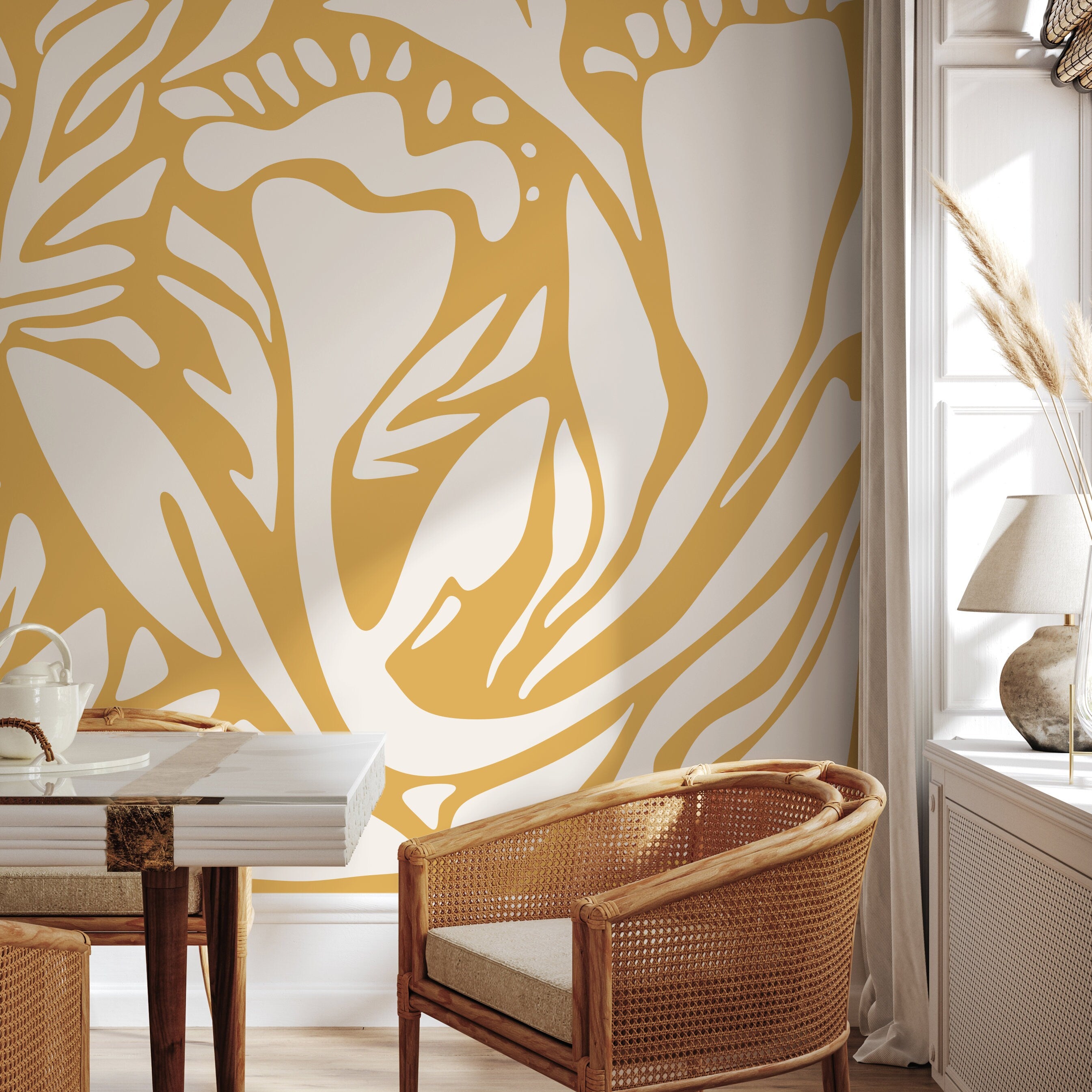 Abstract Wallpaper With Large Organic Forms In Yellow And White - D632