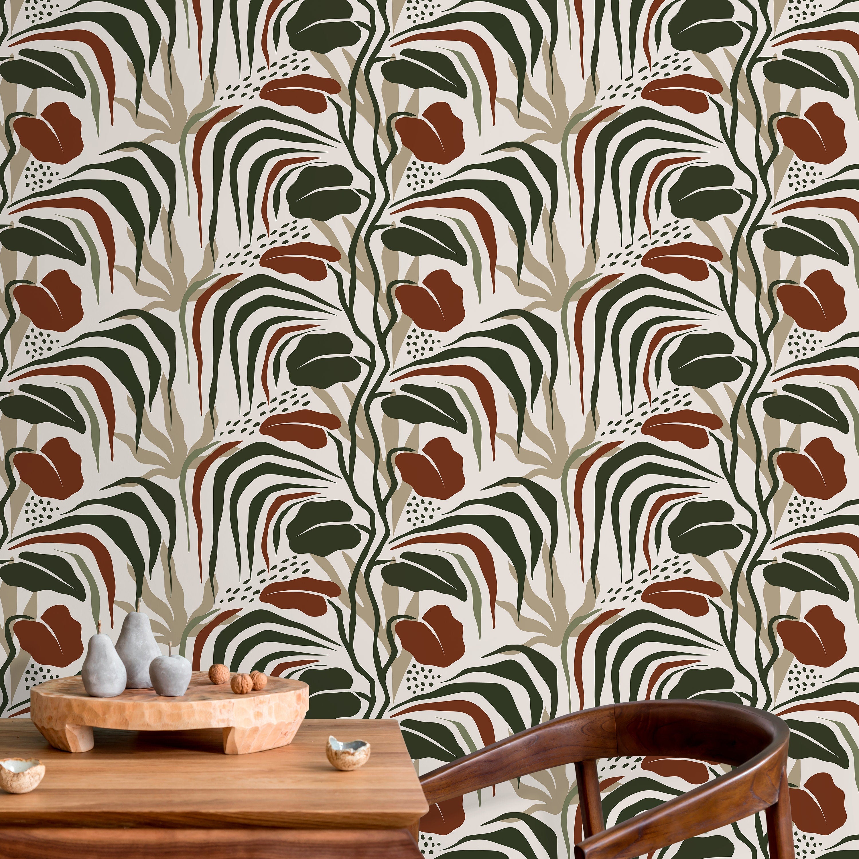 Botanical Wallpaper With Modern Abstract Leaves In Green And Terracotta - D717