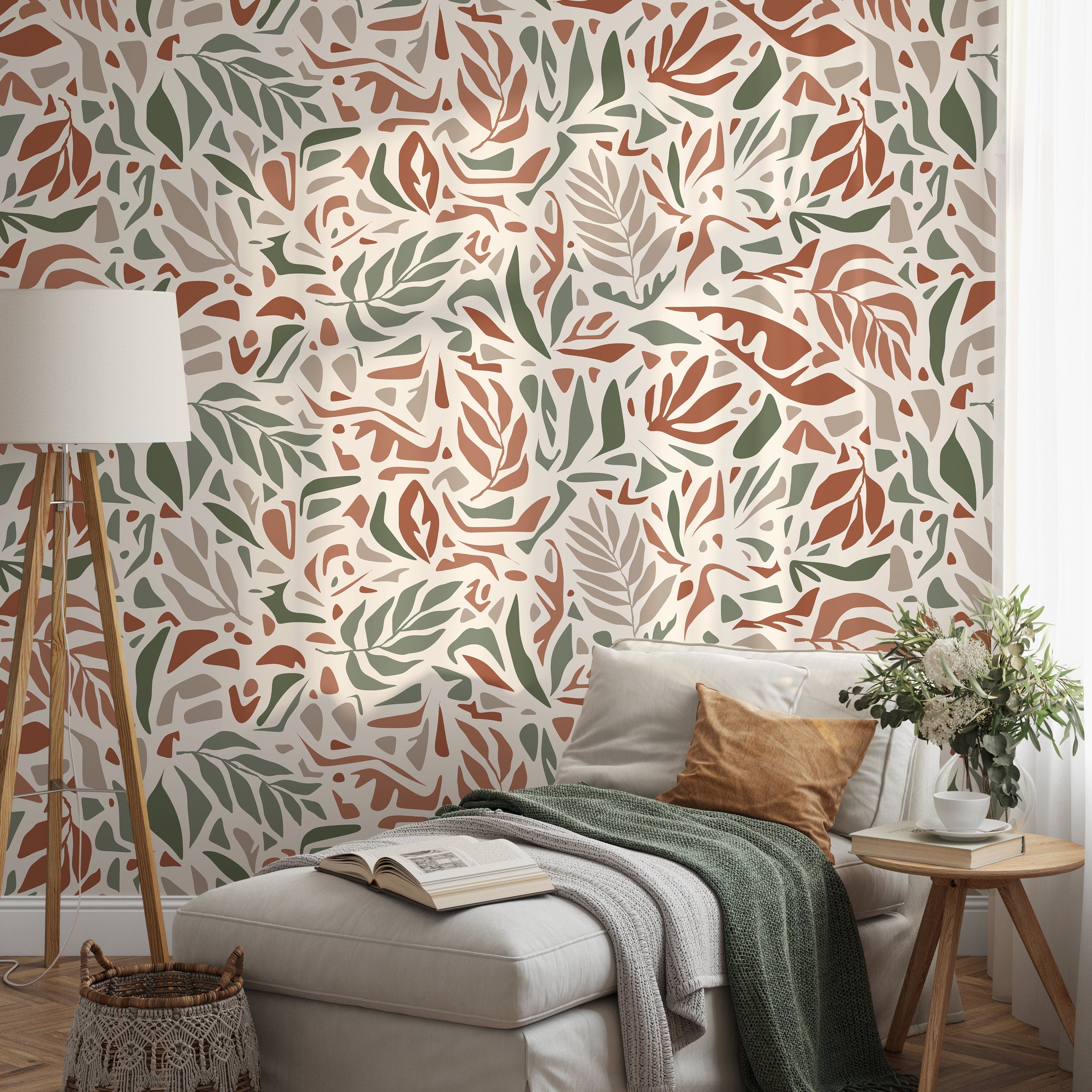 Abstract Wallpaper With An Abstract Botanical Motif In Taupe, Green, And Terracotta - D723