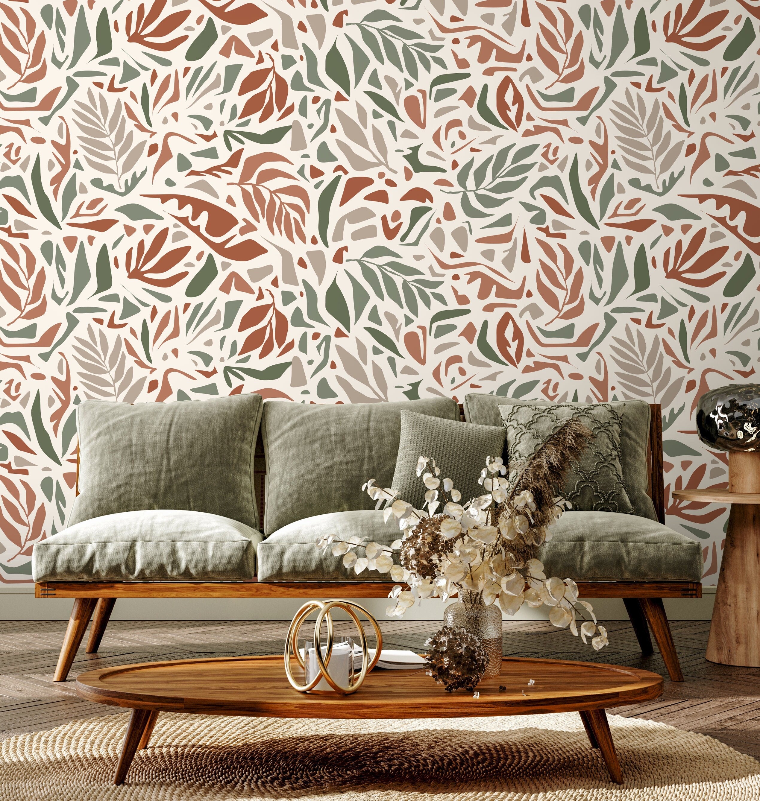 Abstract Wallpaper With An Abstract Botanical Motif In Taupe, Green, And Terracotta - D723