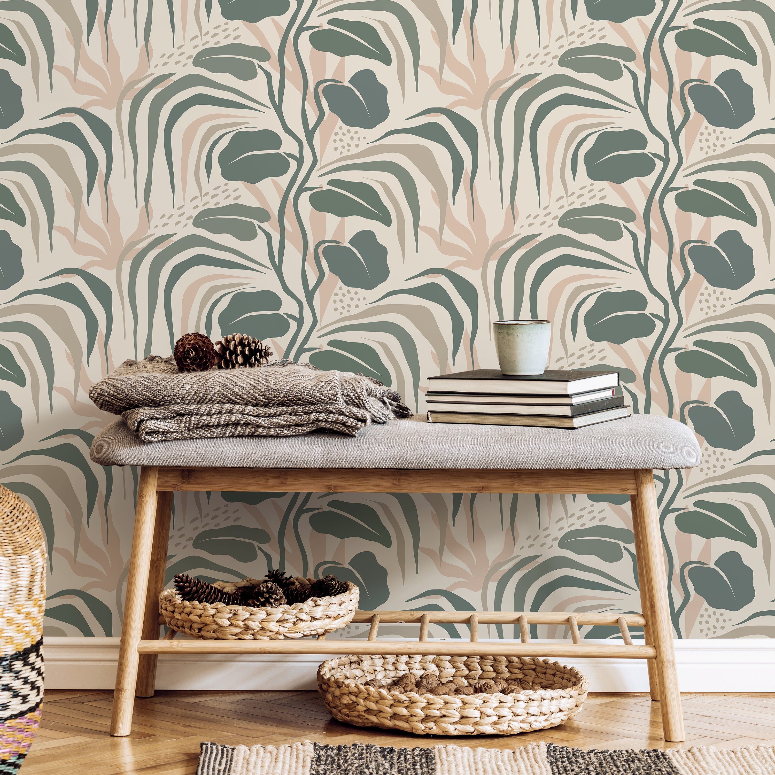 Botanical Wallpaper Featuring Abstract Foliage In Sage Green, Beige, And Pink - D720