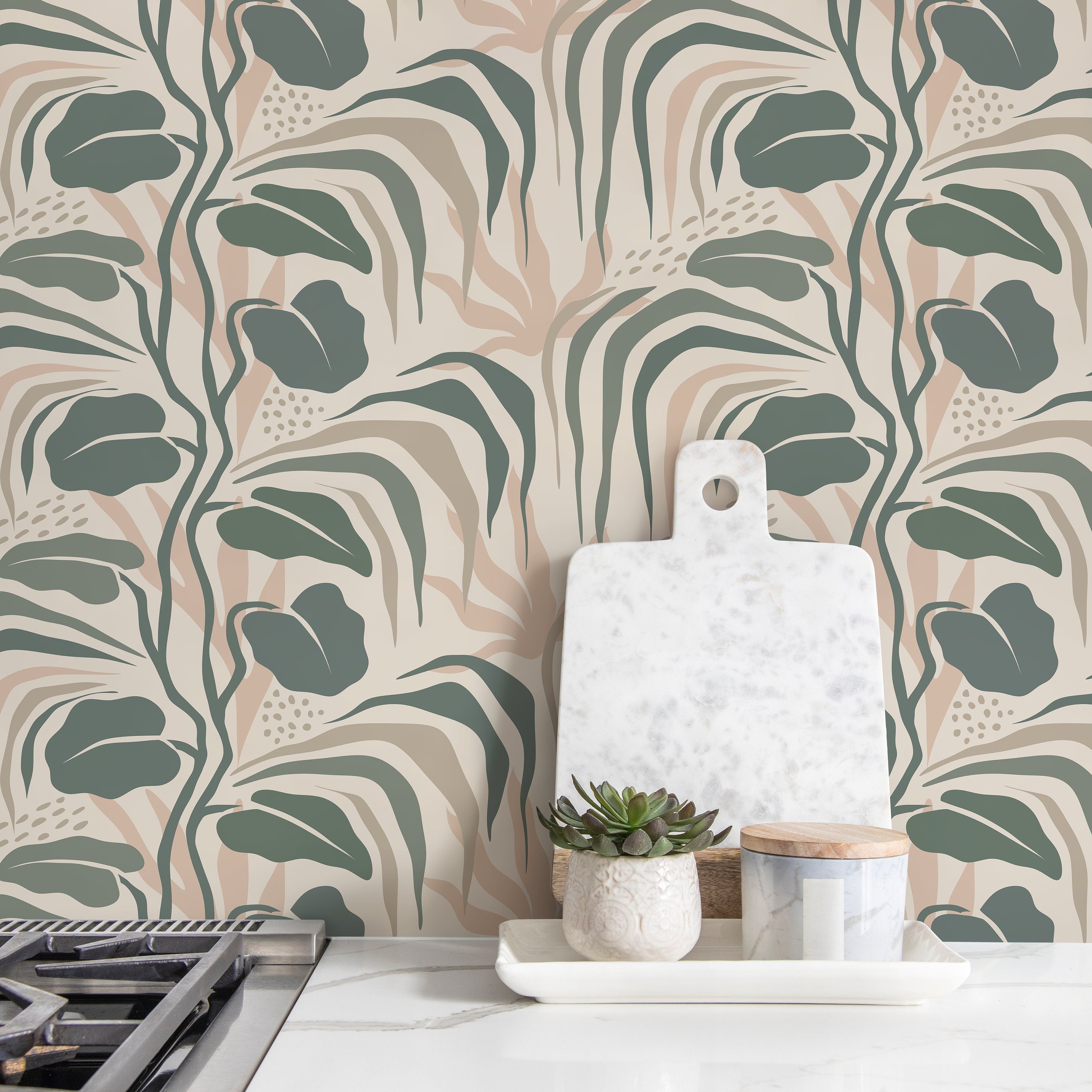 Botanical Wallpaper Featuring Abstract Foliage In Sage Green, Beige, And Pink - D720