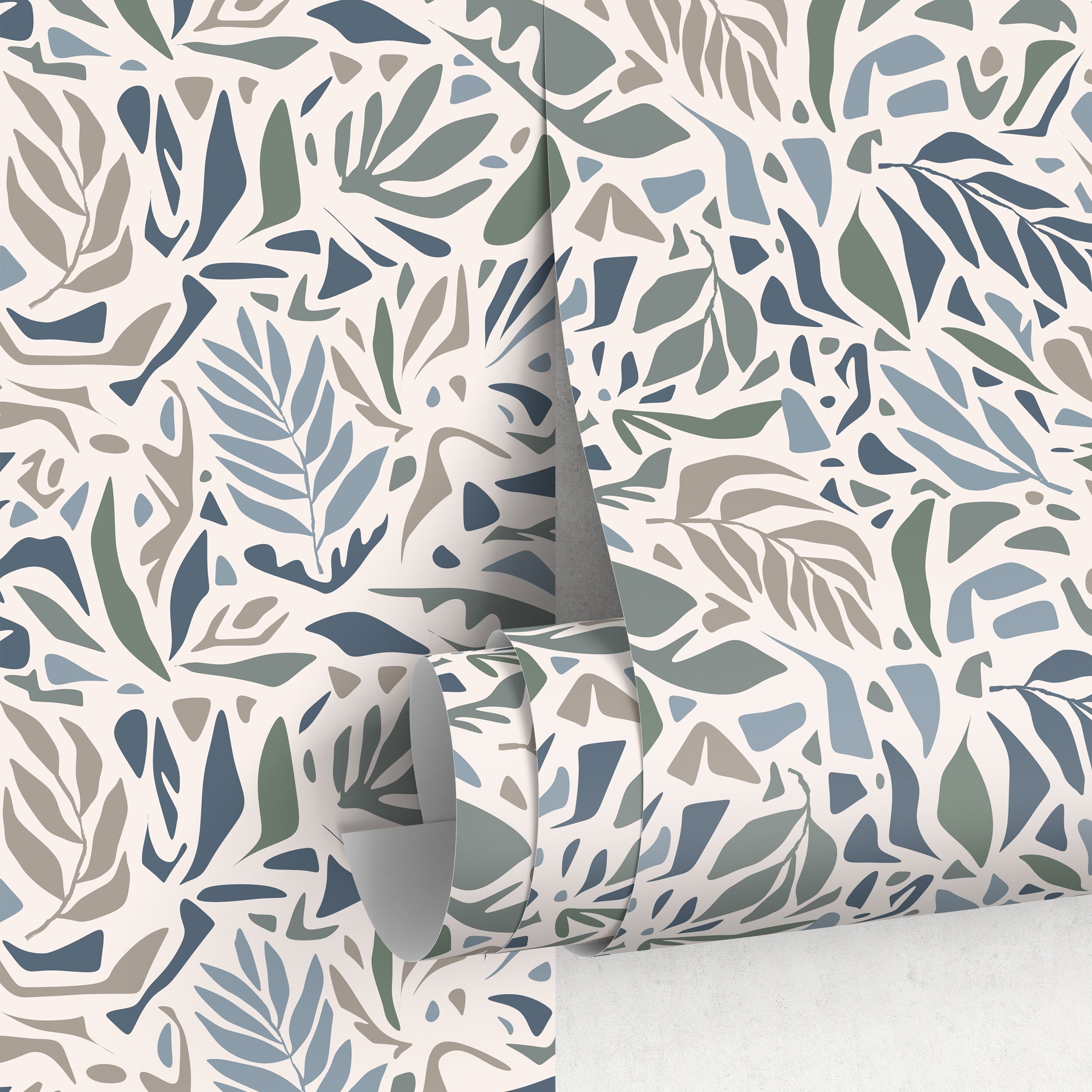 Abstract Wallpaper With Modern Leaf Shapes In Blue, Green, And Taupe - D722