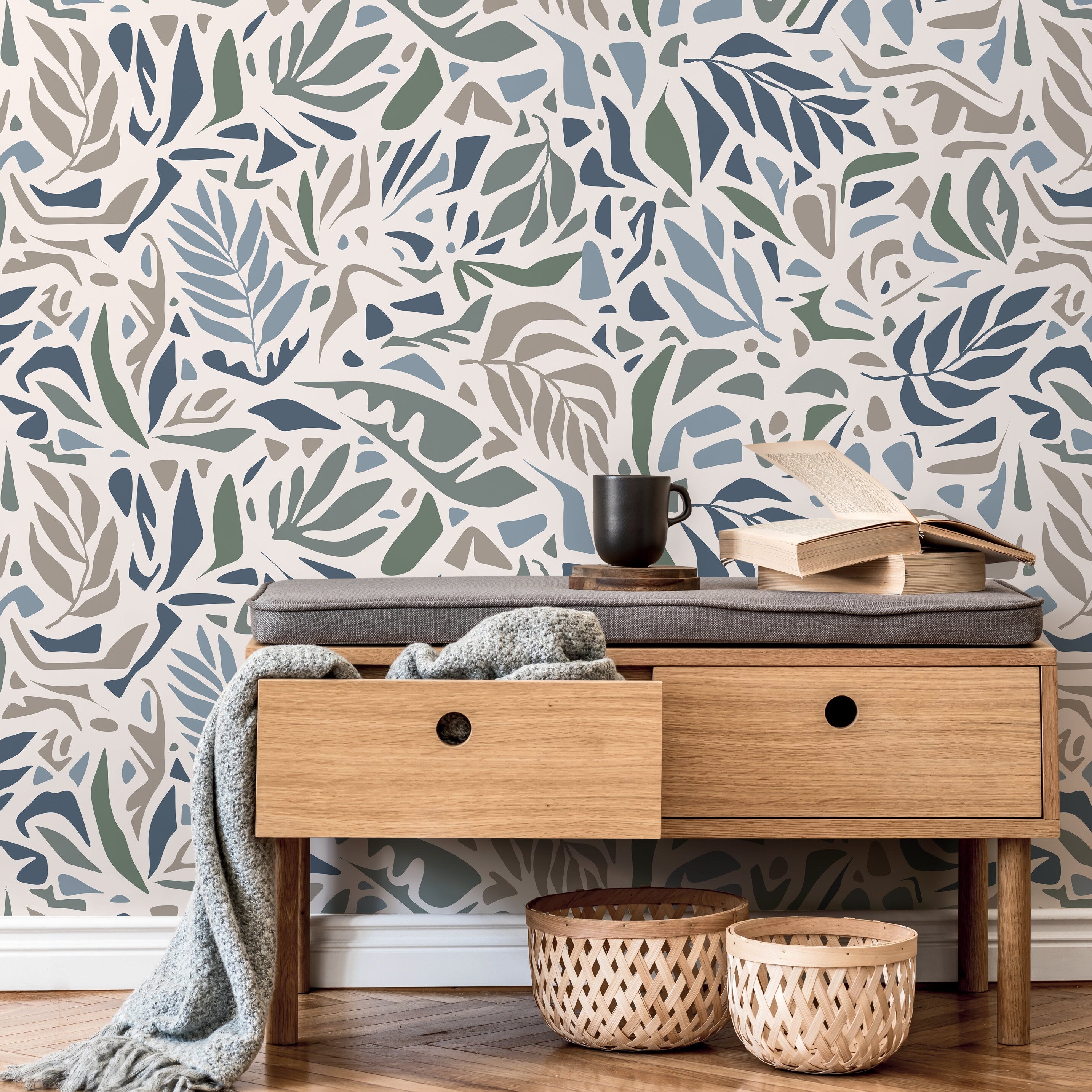 Abstract Wallpaper With Modern Leaf Shapes In Blue, Green, And Taupe - D722