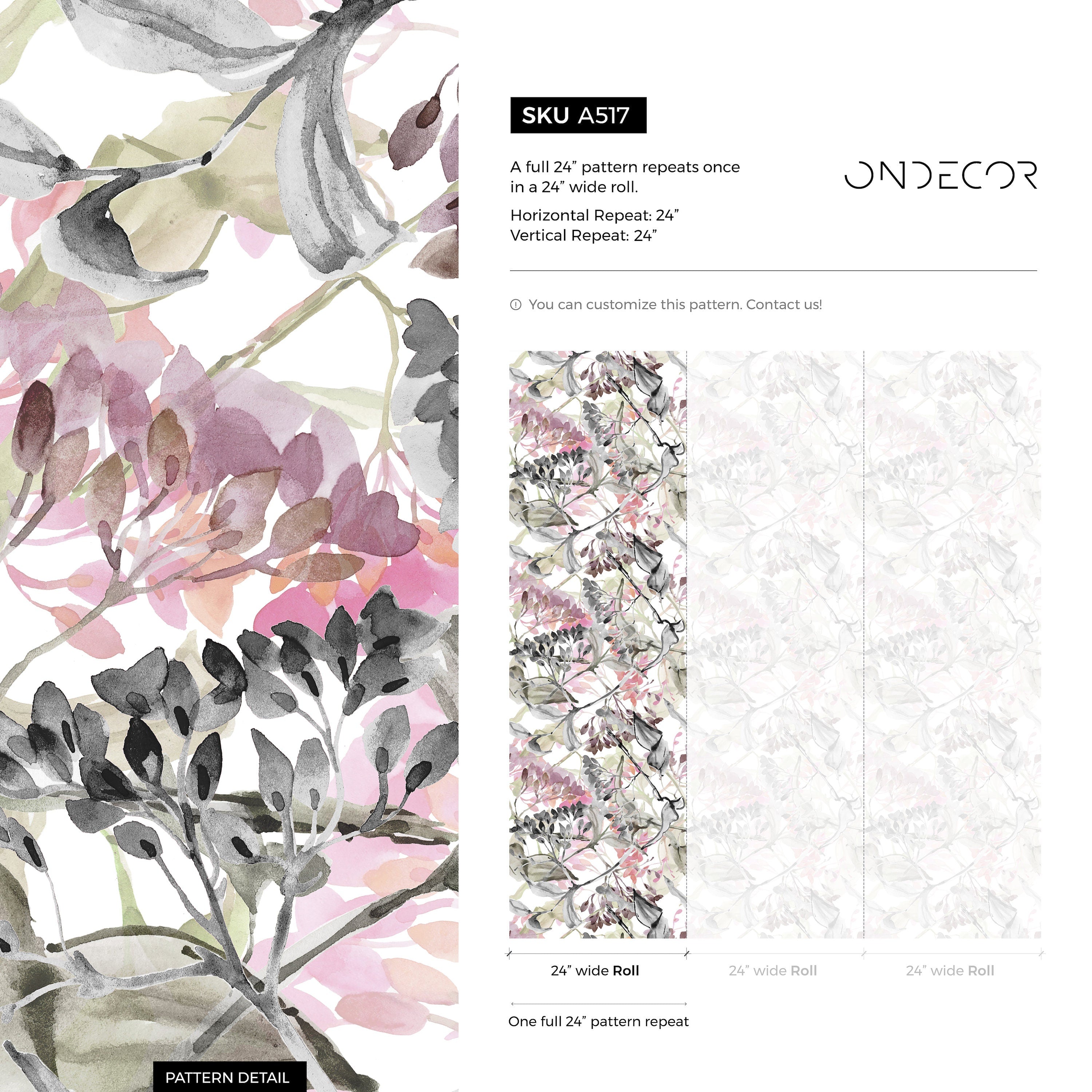 Botanical Wallpaper With An Abstract Watercolor Branch Motif In Pink, Black, And Green - A517