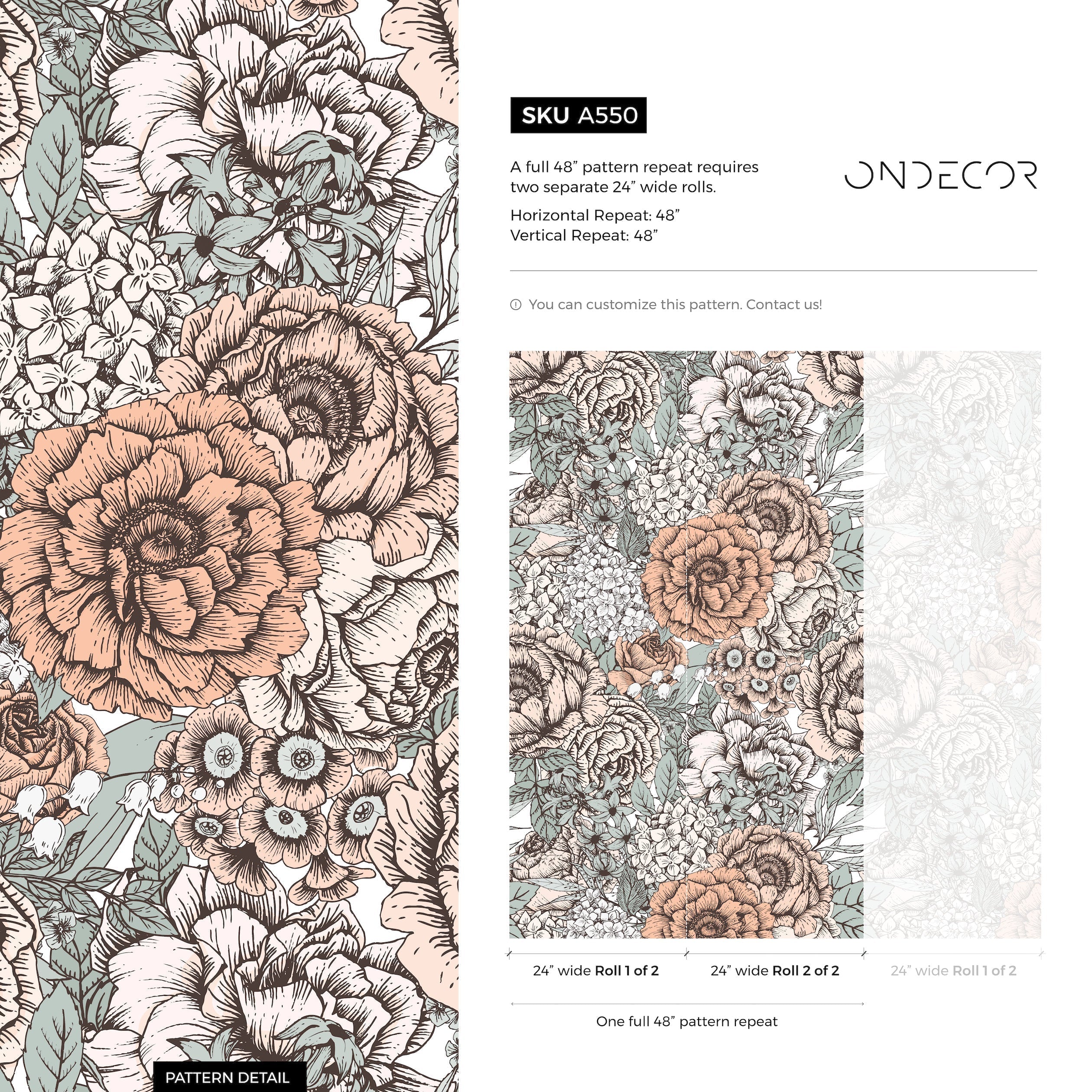Floral Wallpaper With A Hand-drawn Collage In Blush Pink, Sage Green, And Black - A550