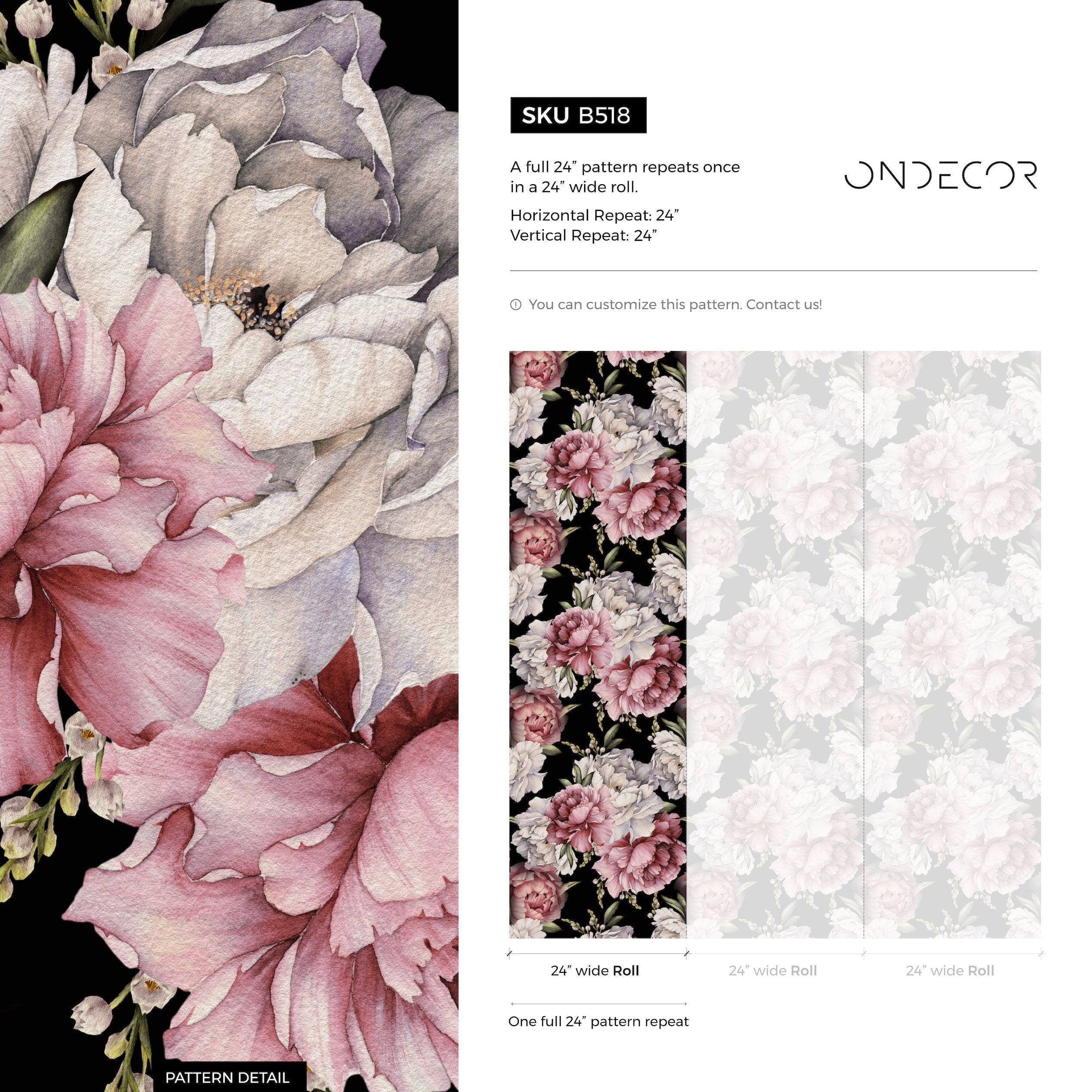 Floral Wallpaper With Large Peonies In Pink, White, And Black - B518