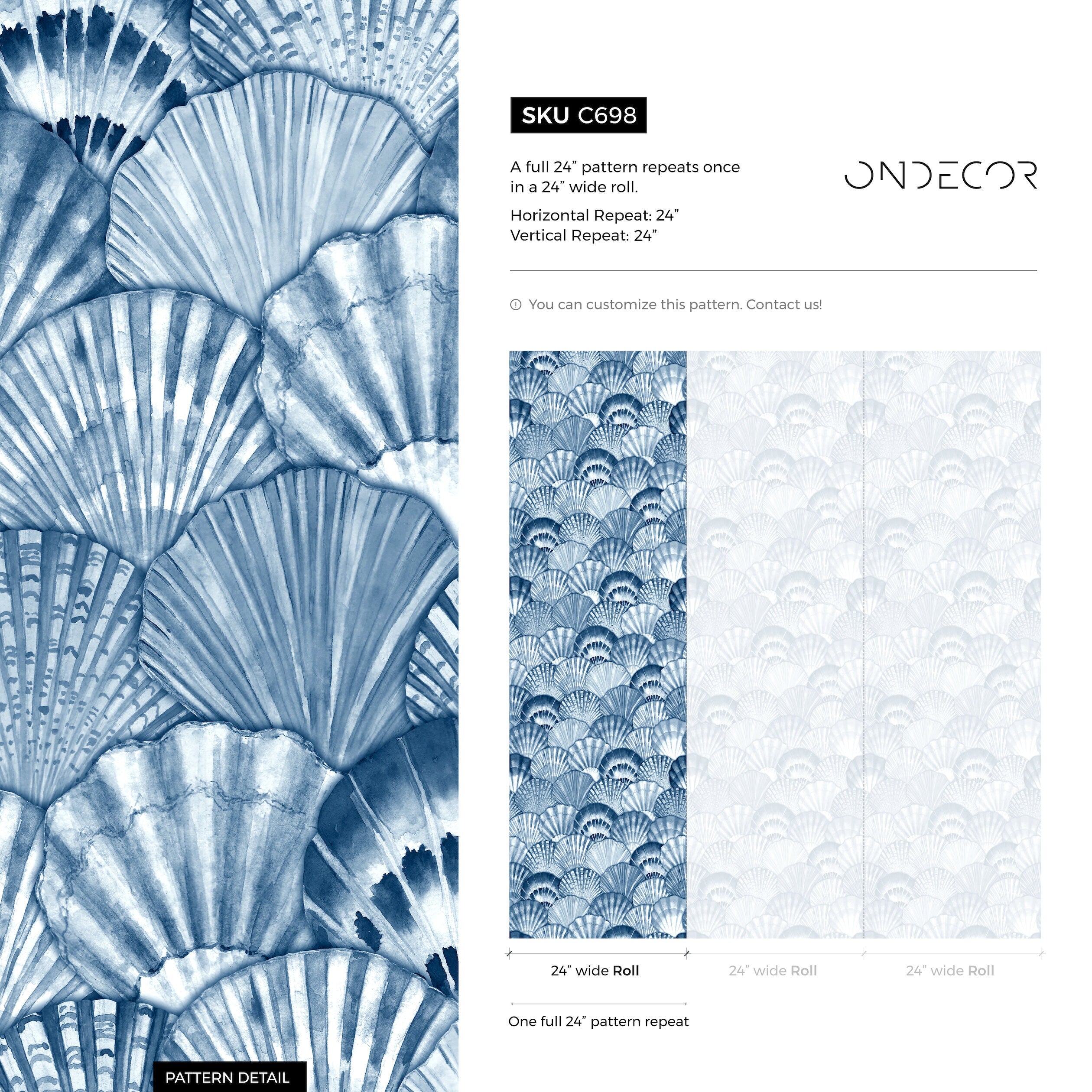 Coastal Wallpaper With A Watercolor Seashell Motif In Blue And White - C698