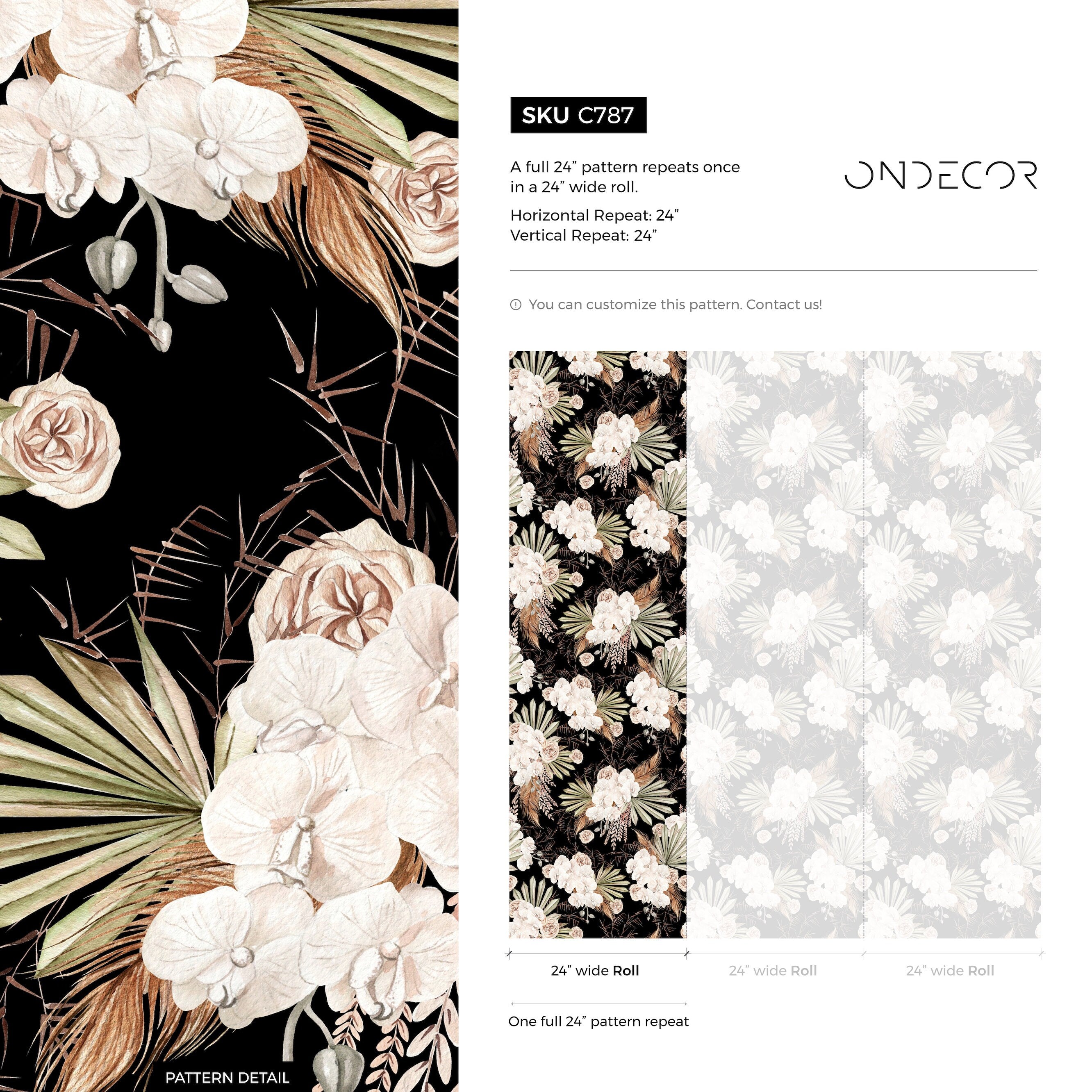 Boho Floral Wallpaper With Orchids And Palm Leaves In Black And Cream - C787