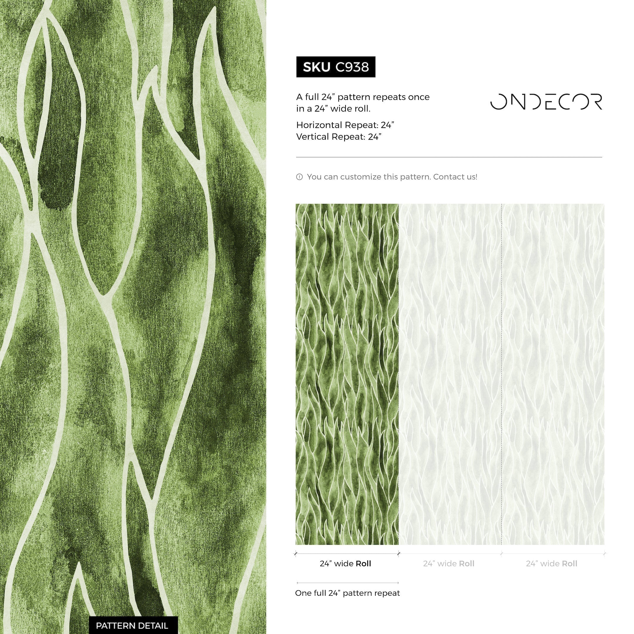 Abstract Wallpaper With A Flowing Seaweed Motif In Olive Green And White - C938