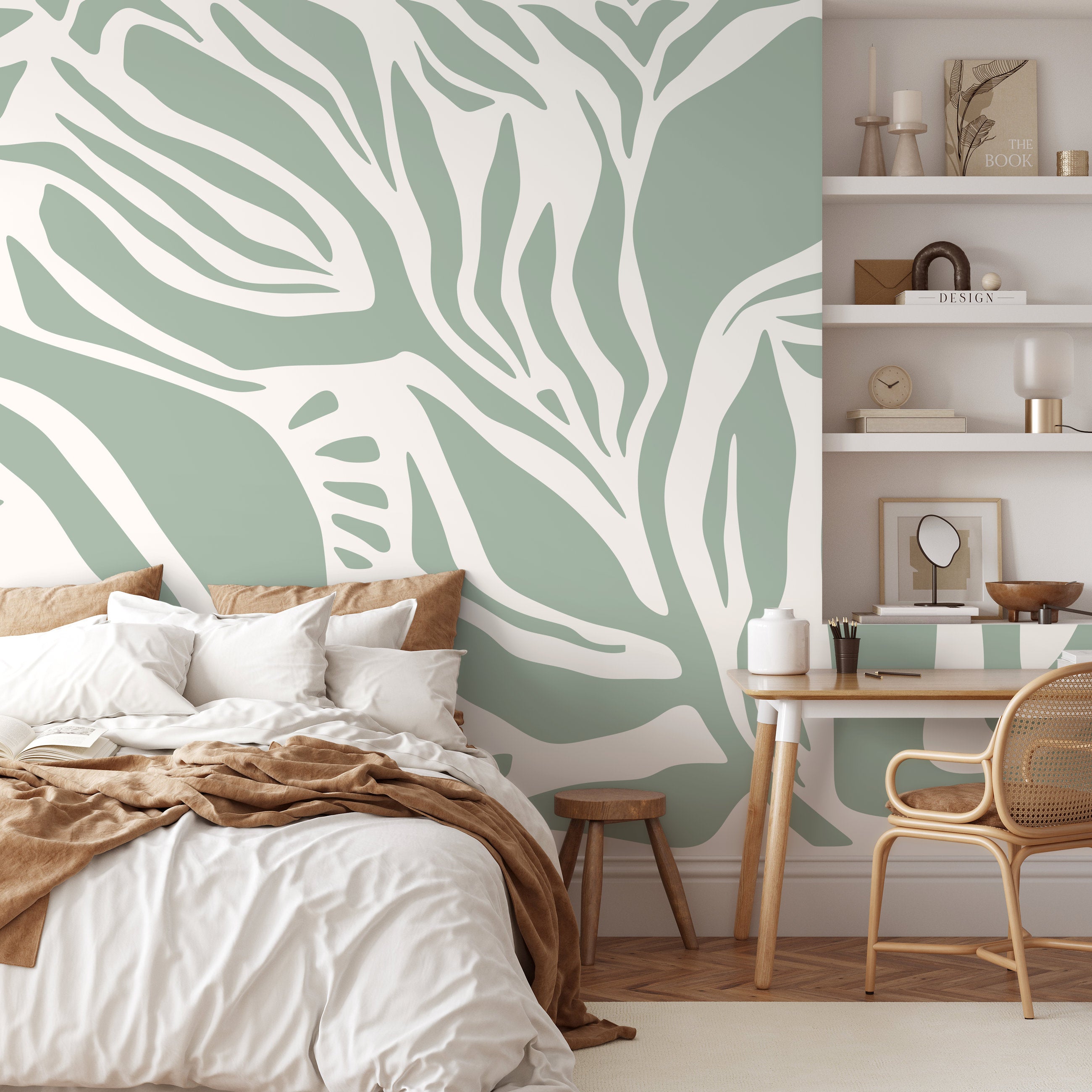Abstract Wallpaper With Bold Organic Shapes In Light Green And White - D627
