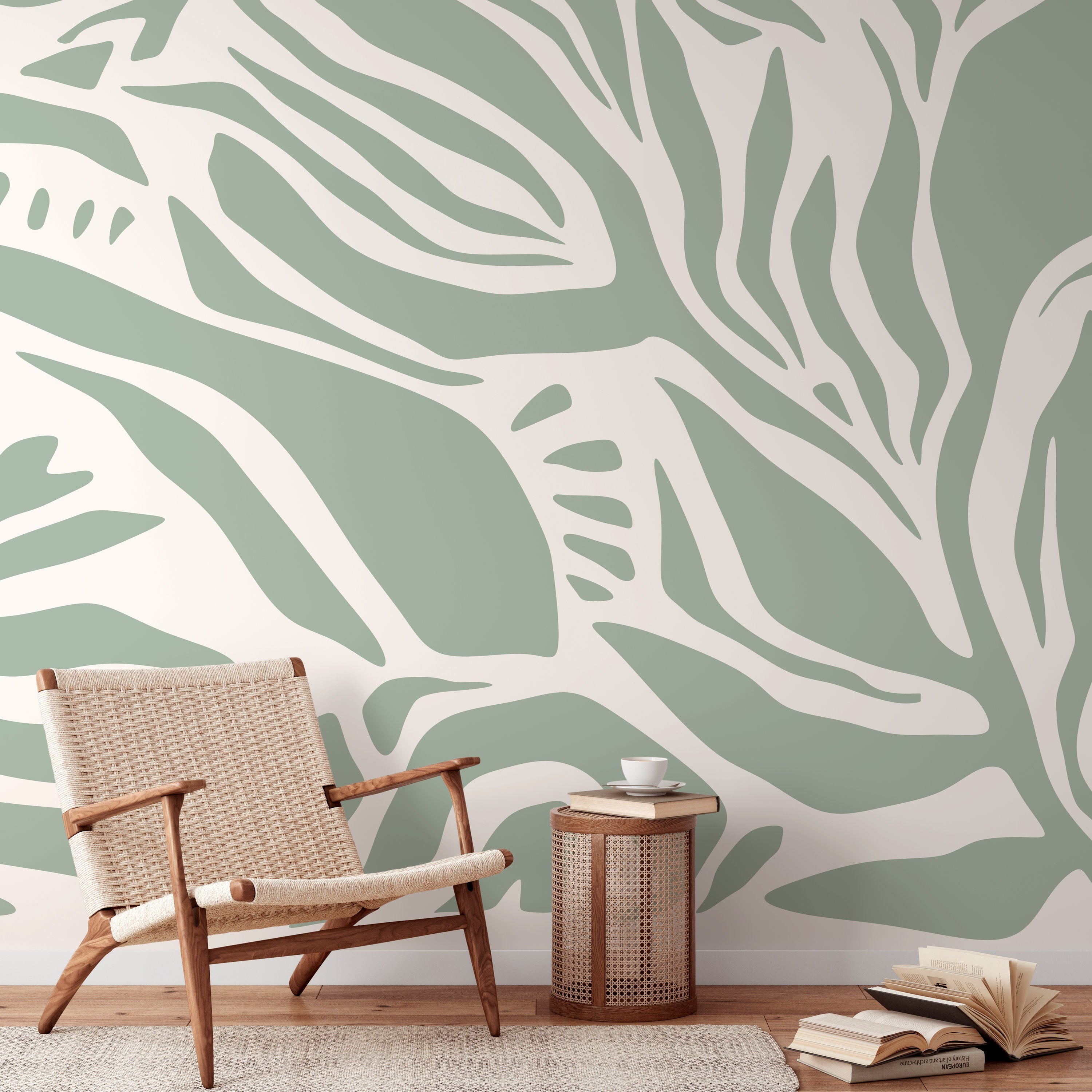 Abstract Wallpaper With Bold Organic Shapes In Light Green And White - D627
