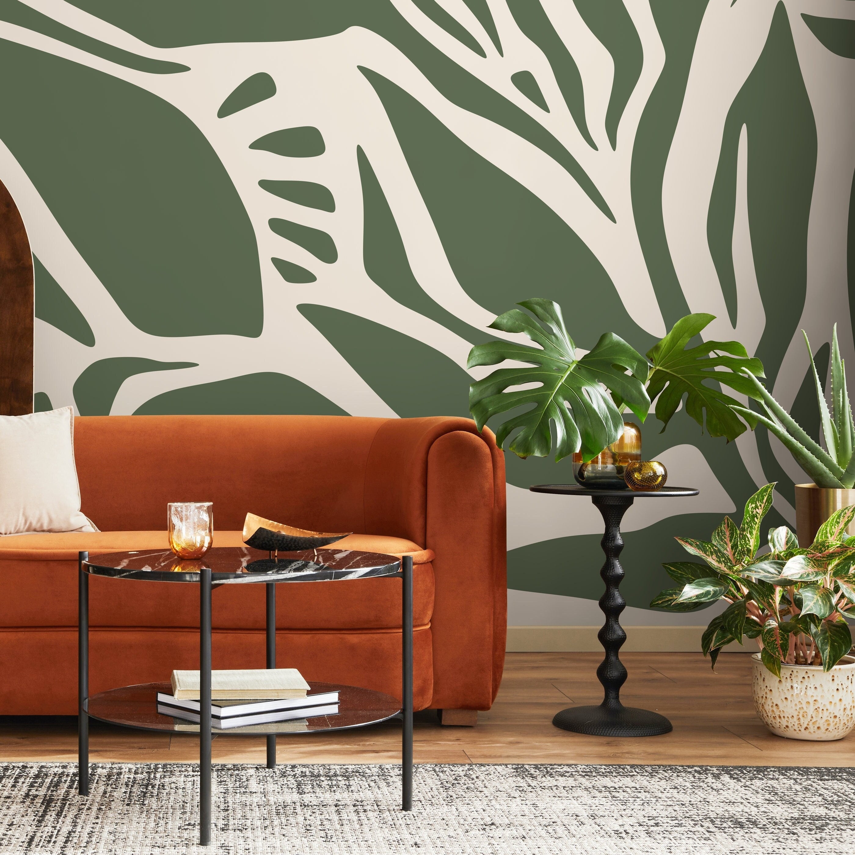 Abstract Wallpaper With Bold Organic Shapes In Olive Green And Beige - D628