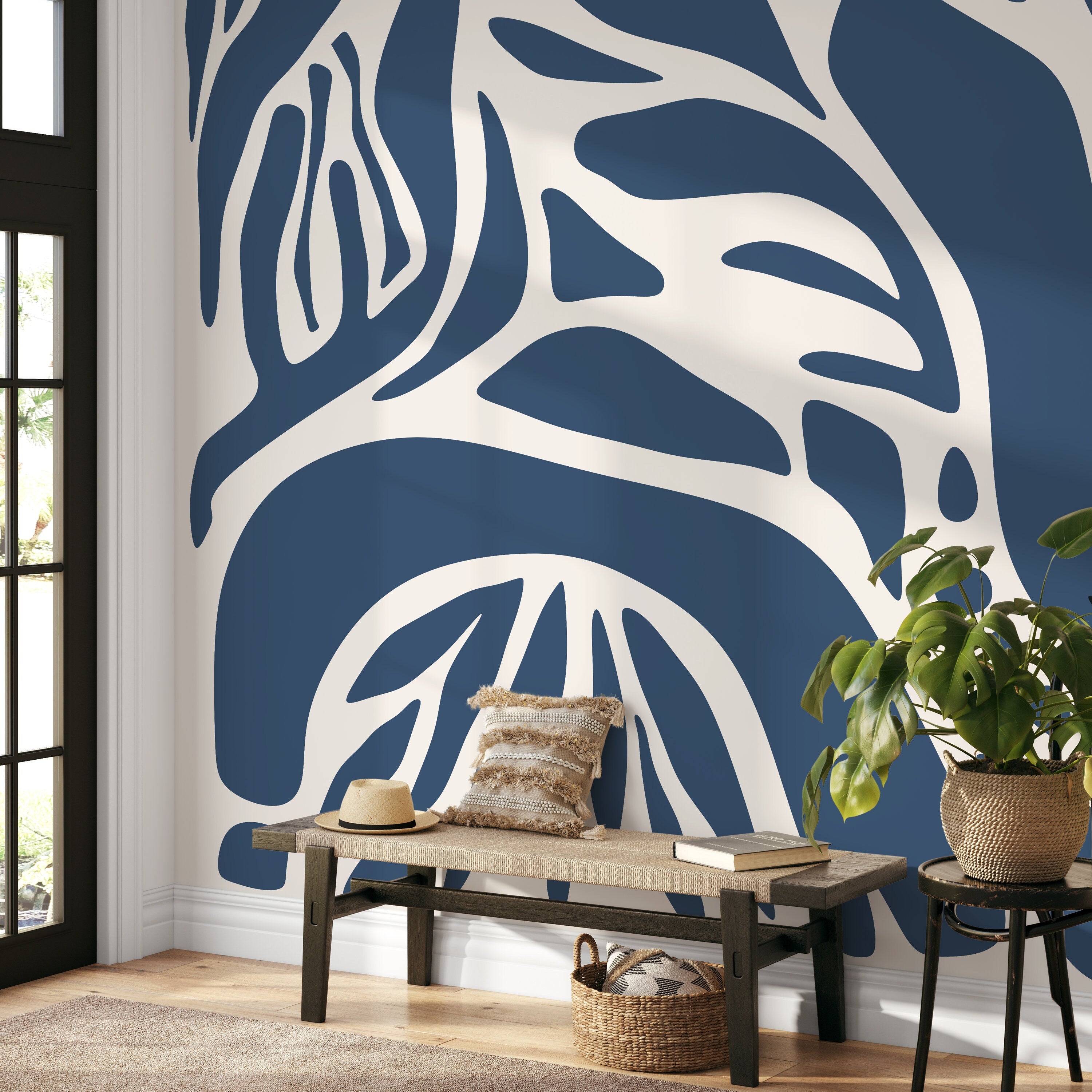 Abstract Wallpaper With Bold Organic Shapes In Dark Blue And Beige - D633