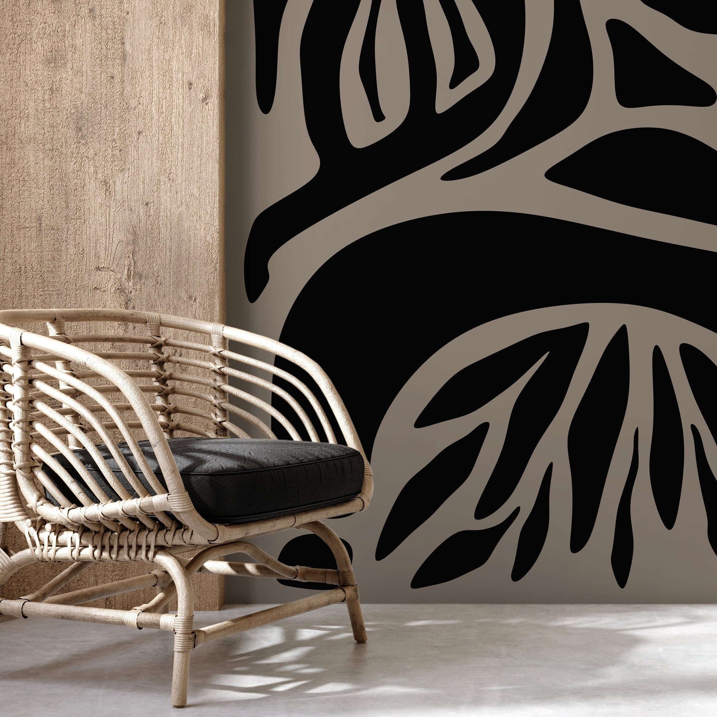 Abstract Wallpaper With Bold Botanical Forms In Black And Taupe - D634