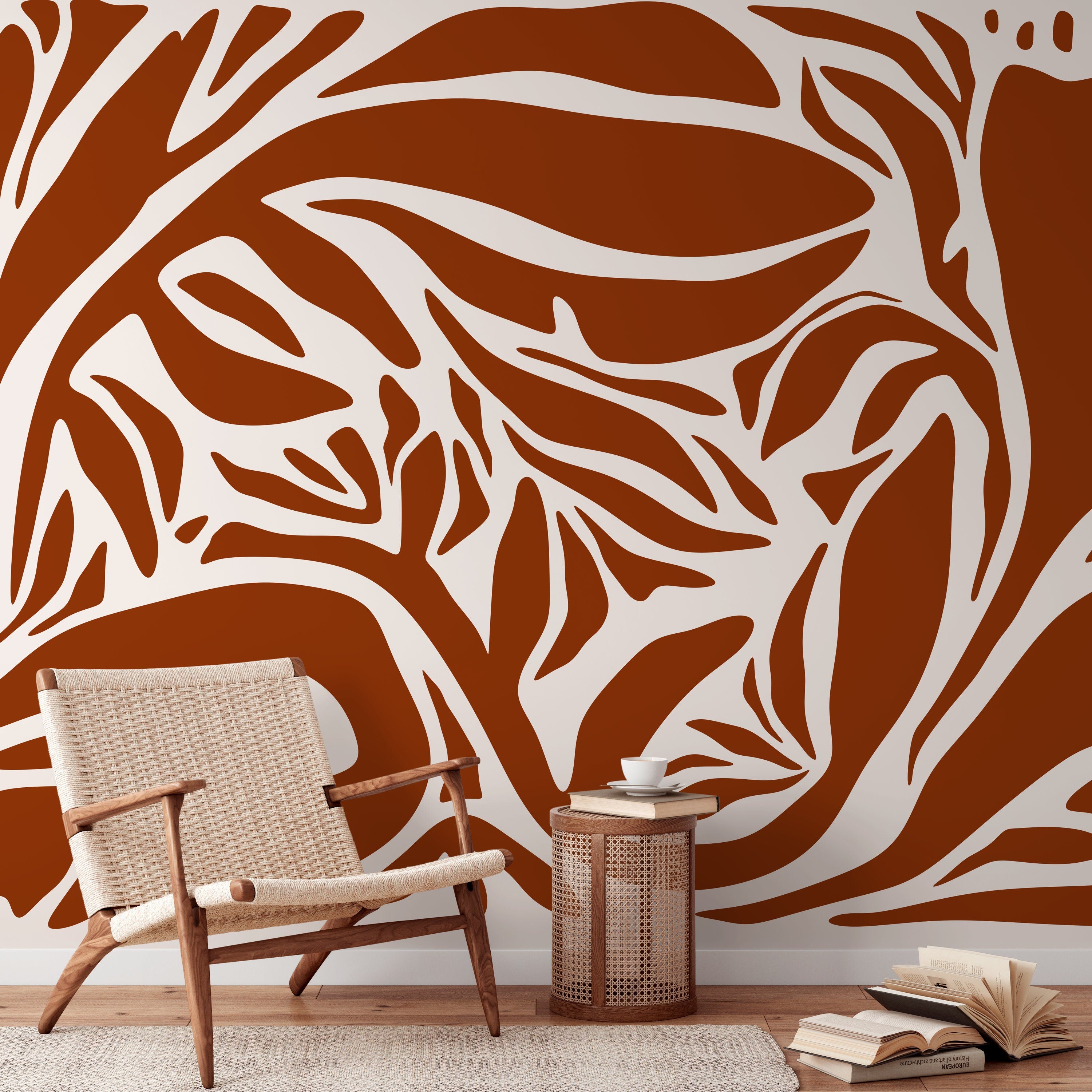 Abstract Wallpaper With Organic Branch Motifs In Terracotta And White - D637