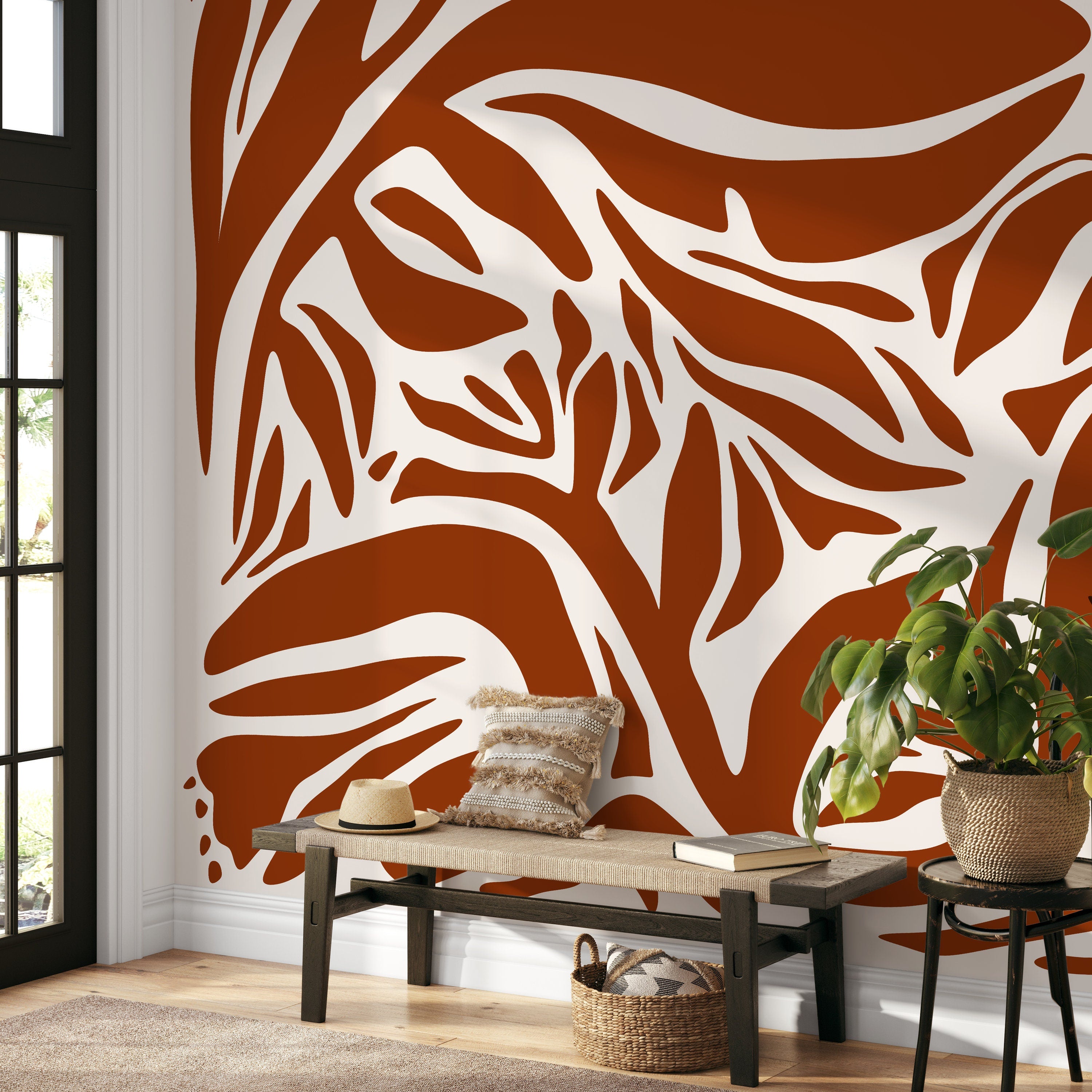 Abstract Wallpaper With Organic Branch Motifs In Terracotta And White - D637