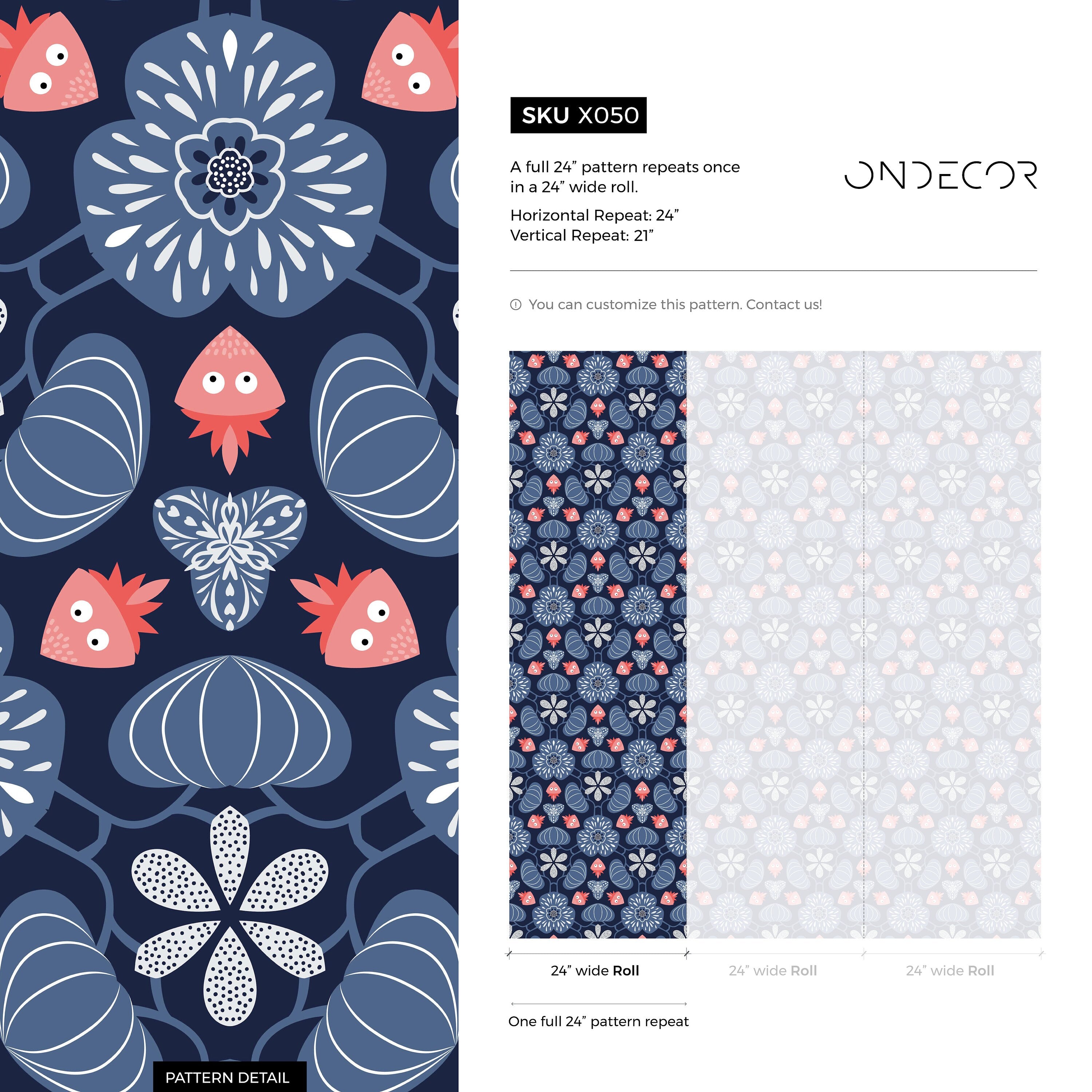 Floral Wallpaper With Stylized Folk Blooms In Navy Blue, Light Blue, And Coral - X050
