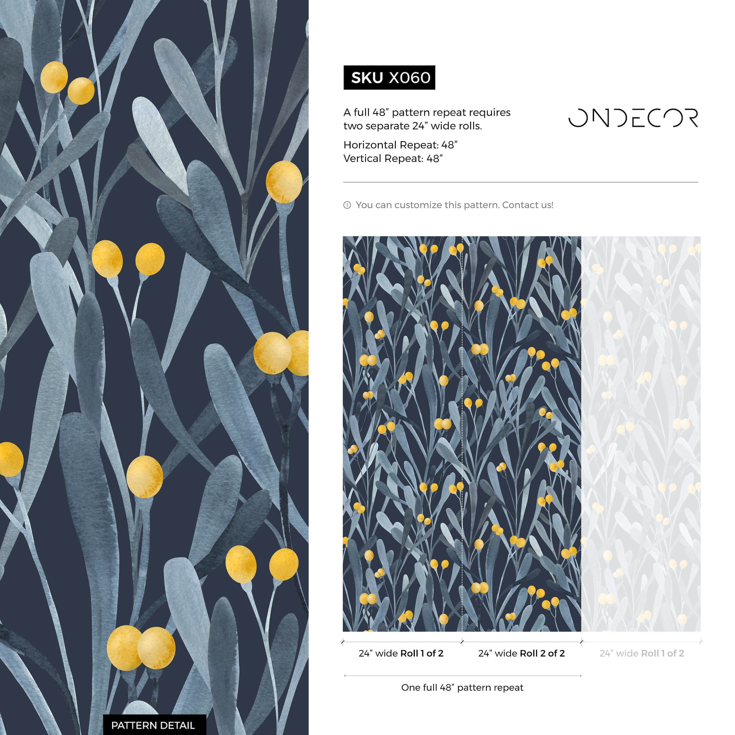 Botanical Wallpaper With Watercolor Leaves And Berries In Blue, Gray, And Yellow - X060