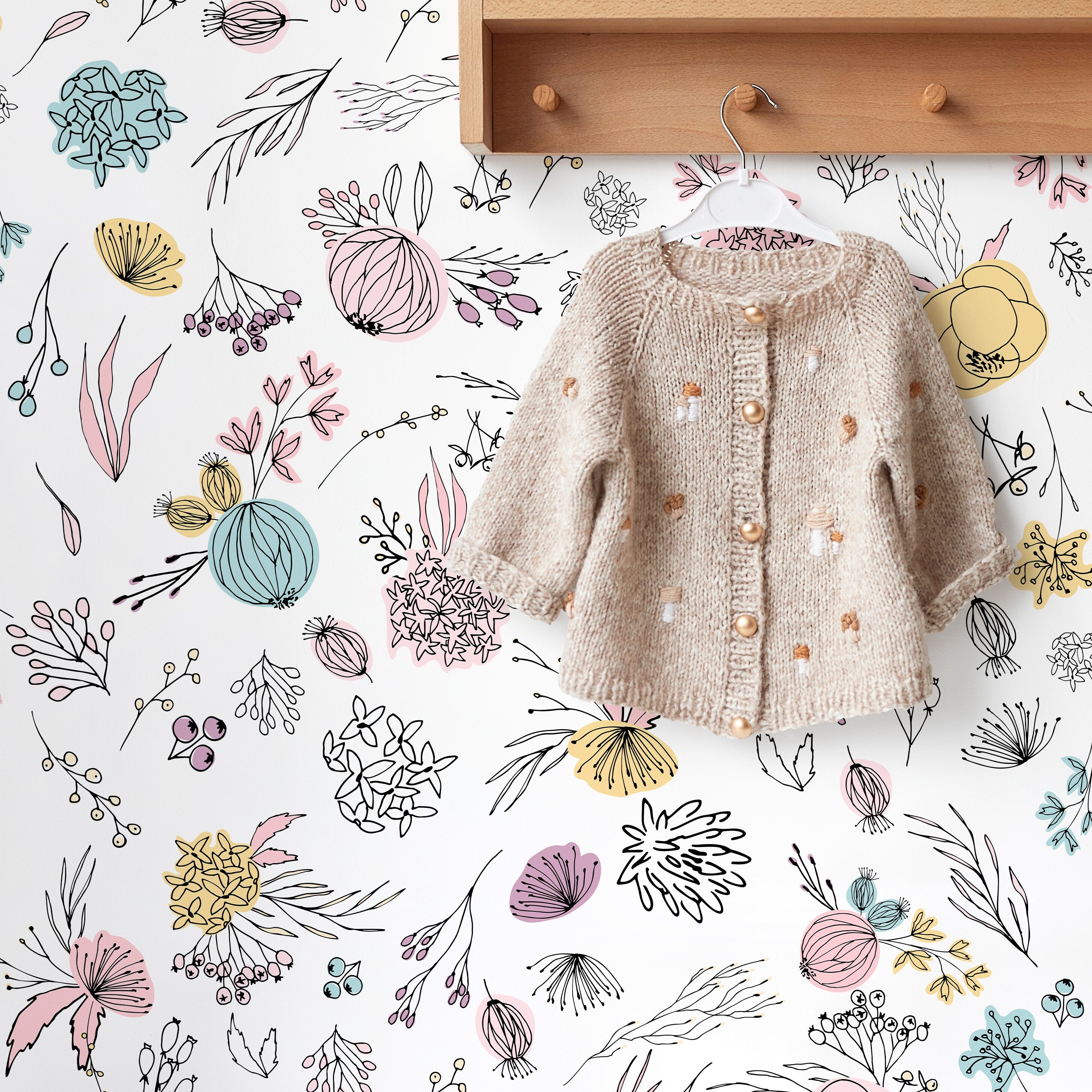 Floral Wallpaper With Hand-drawn Blooms In Pink, Blue, And Yellow - A890