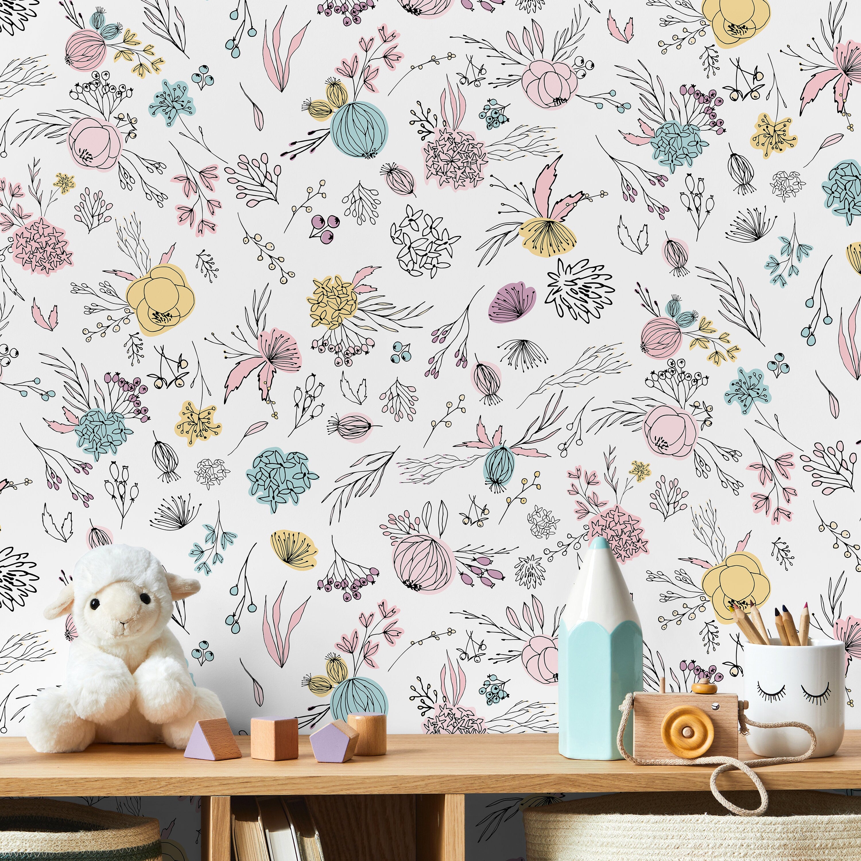 Floral Wallpaper With Hand-drawn Blooms In Pink, Blue, And Yellow - A890