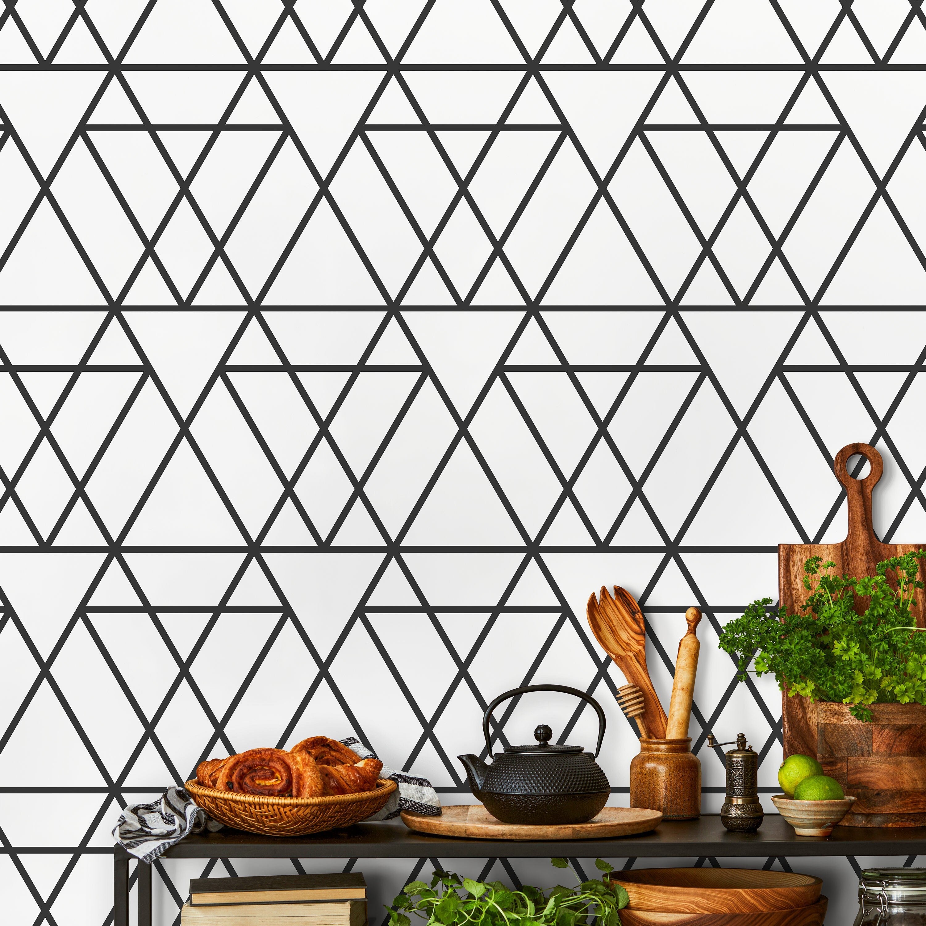 Geometric Wallpaper With An Interlocking Triangle Motif In Black And Light Gray - D942