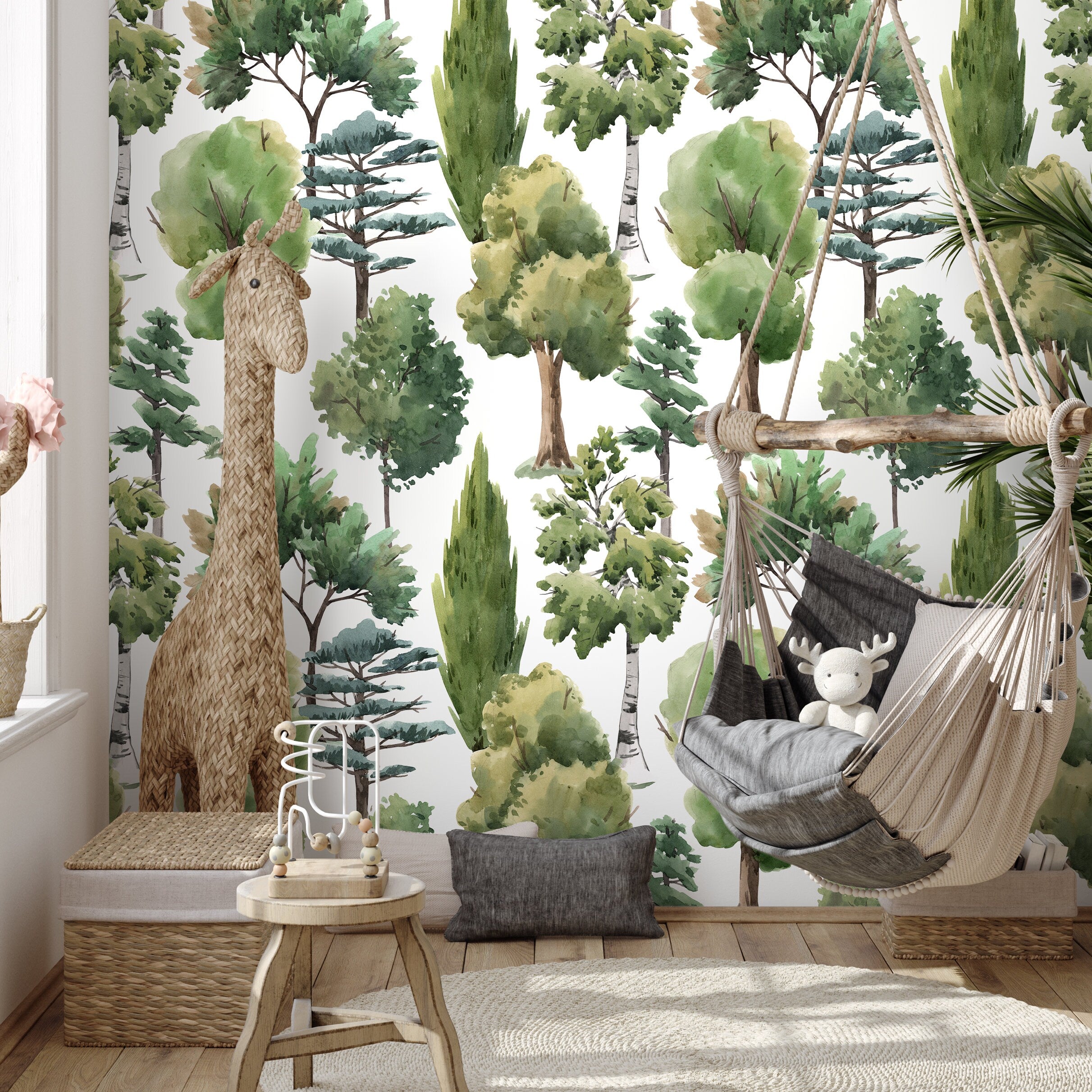 Forest Wallpaper Featuring A Watercolor Woodland In Green And Brown - A687