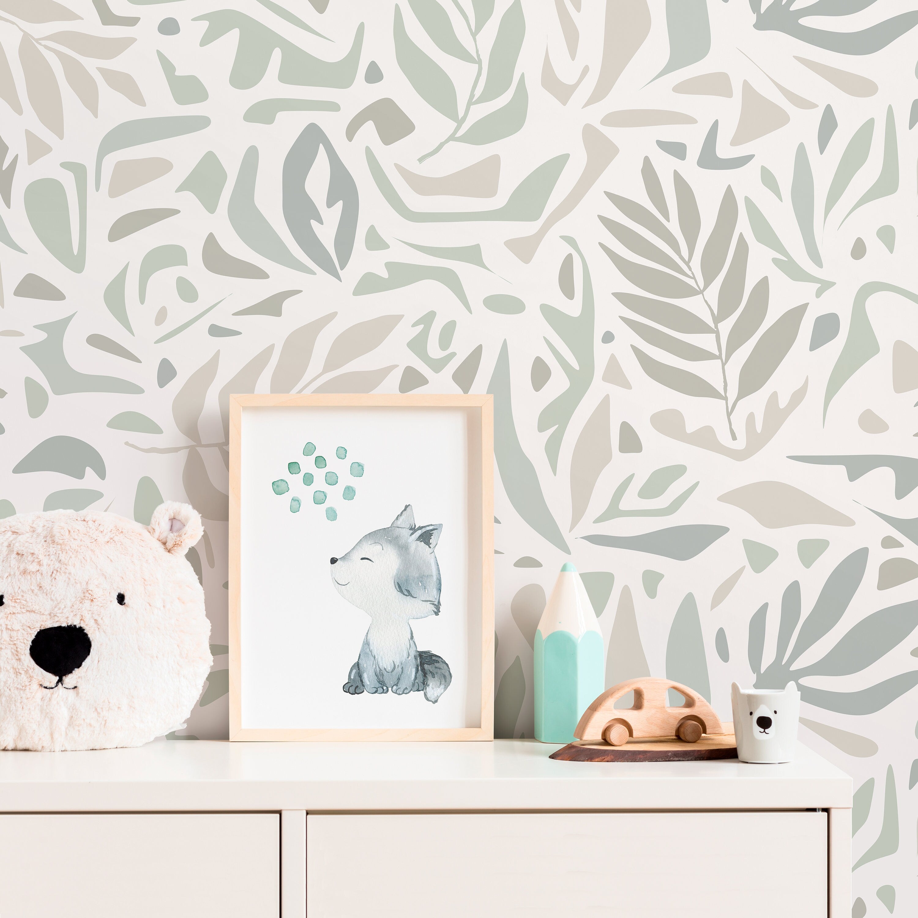 Abstract Wallpaper With A Minimalist Leaf Motif In Sage, Beige, And Gray - D724