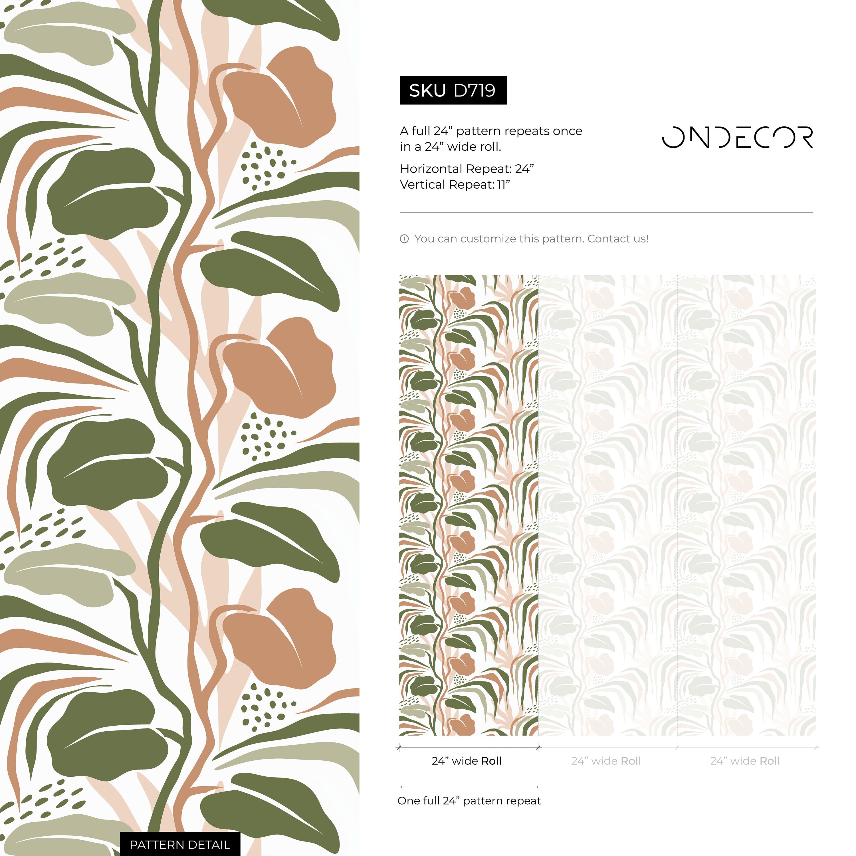 Botanical Wallpaper With Abstract Tropical Leaves In Green, Terracotta, And Pink - D719