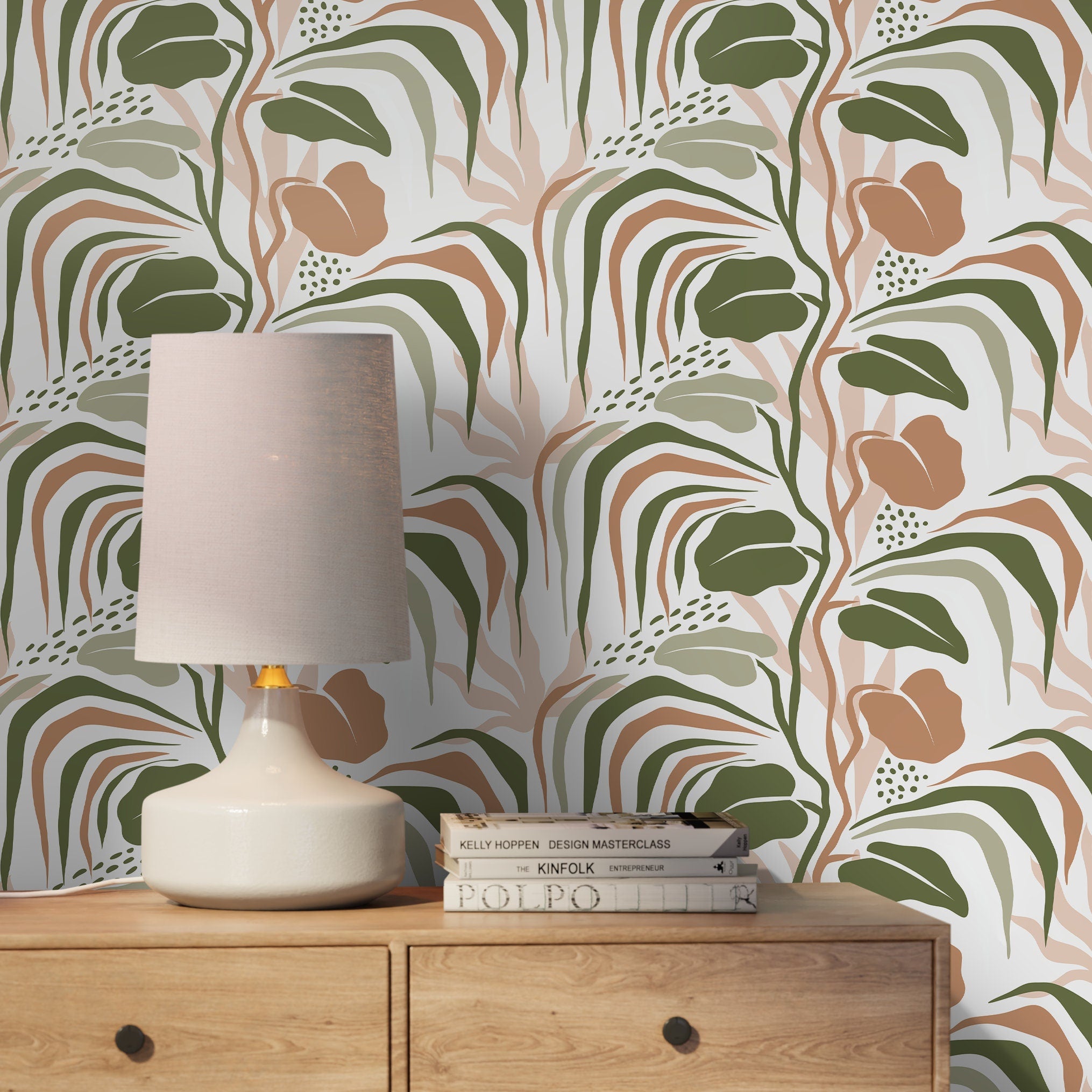 Botanical Wallpaper With Abstract Tropical Leaves In Green, Terracotta, And Pink - D719
