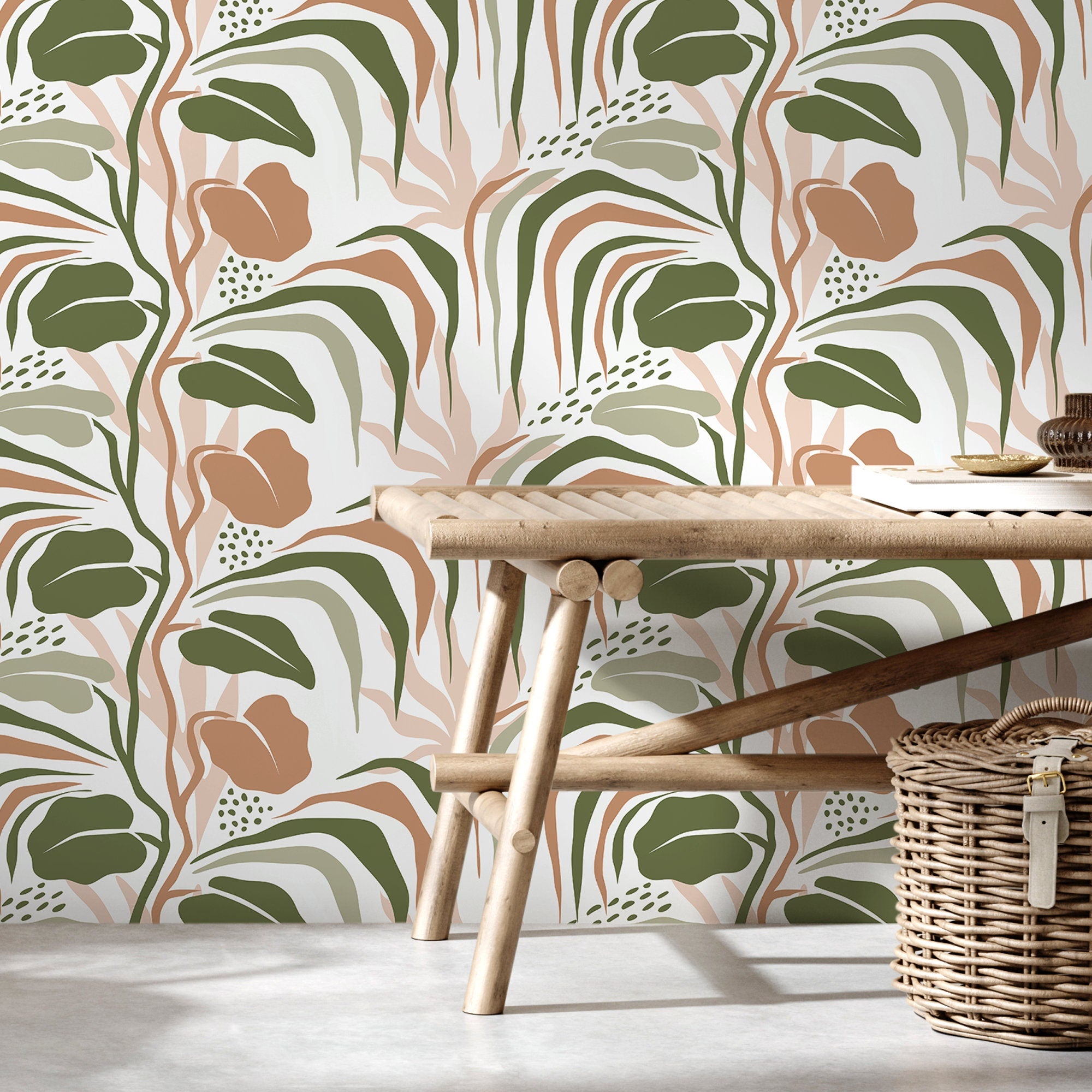 Botanical Wallpaper With Abstract Tropical Leaves In Green, Terracotta, And Pink - D719