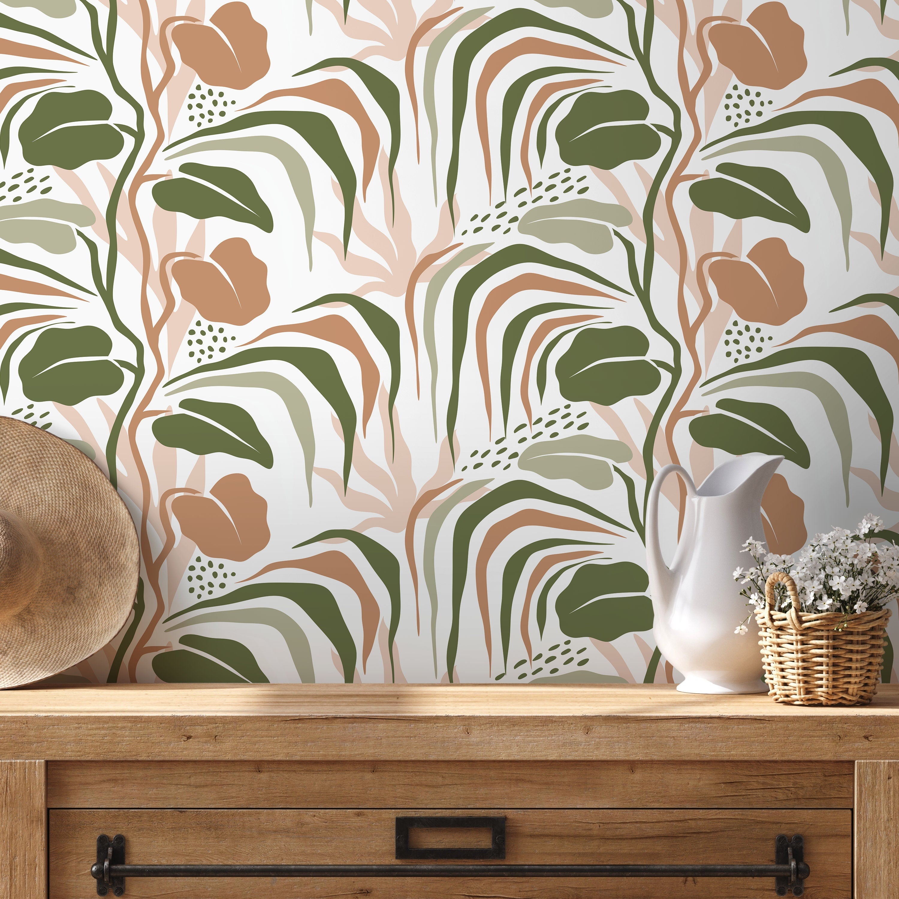 Botanical Wallpaper With Abstract Tropical Leaves In Green, Terracotta, And Pink - D719