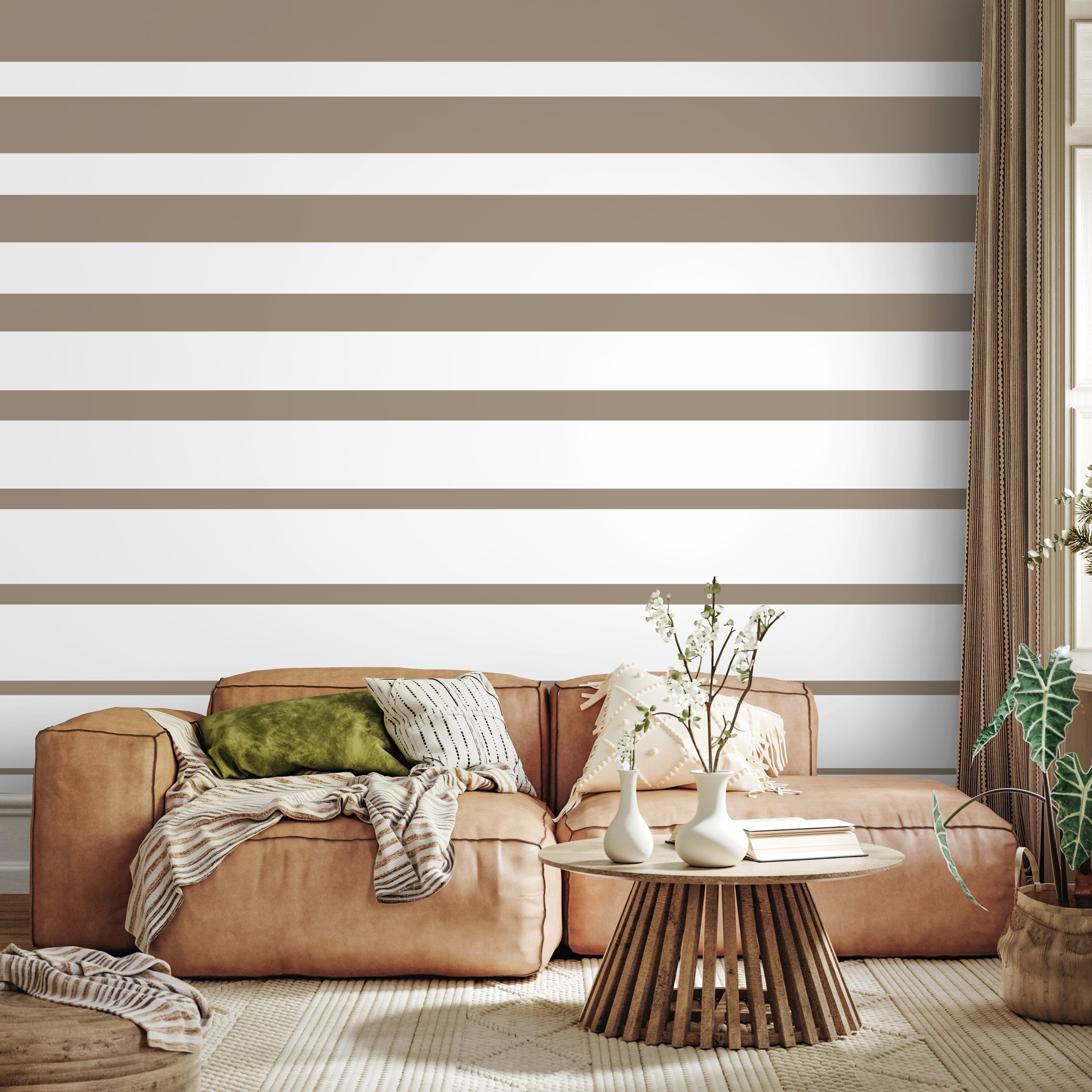 Striped Wallpaper With Bold Horizontal Stripes In Beige And White - D727