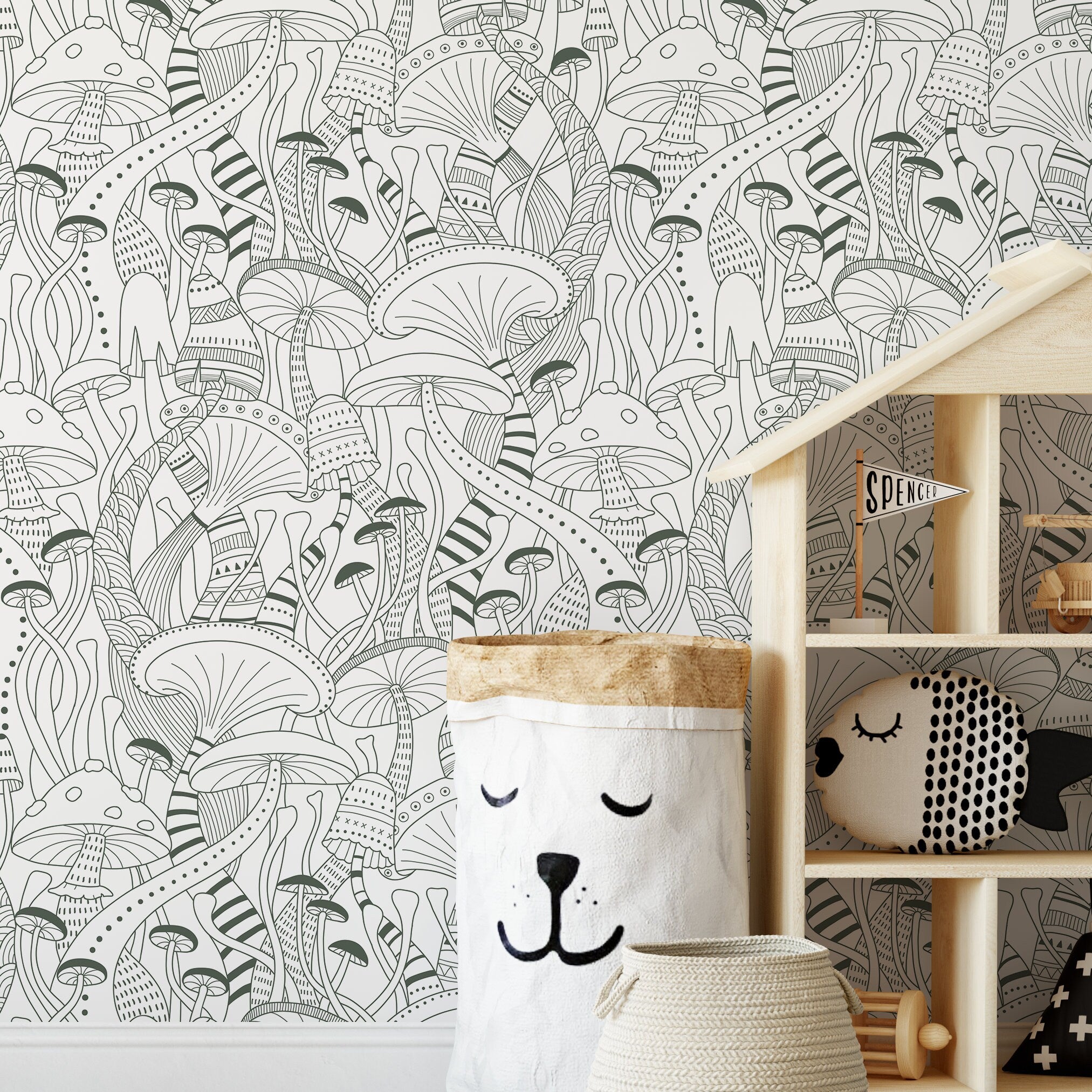 Mushroom Wallpaper With A Modern Line Art Motif In Green - D812