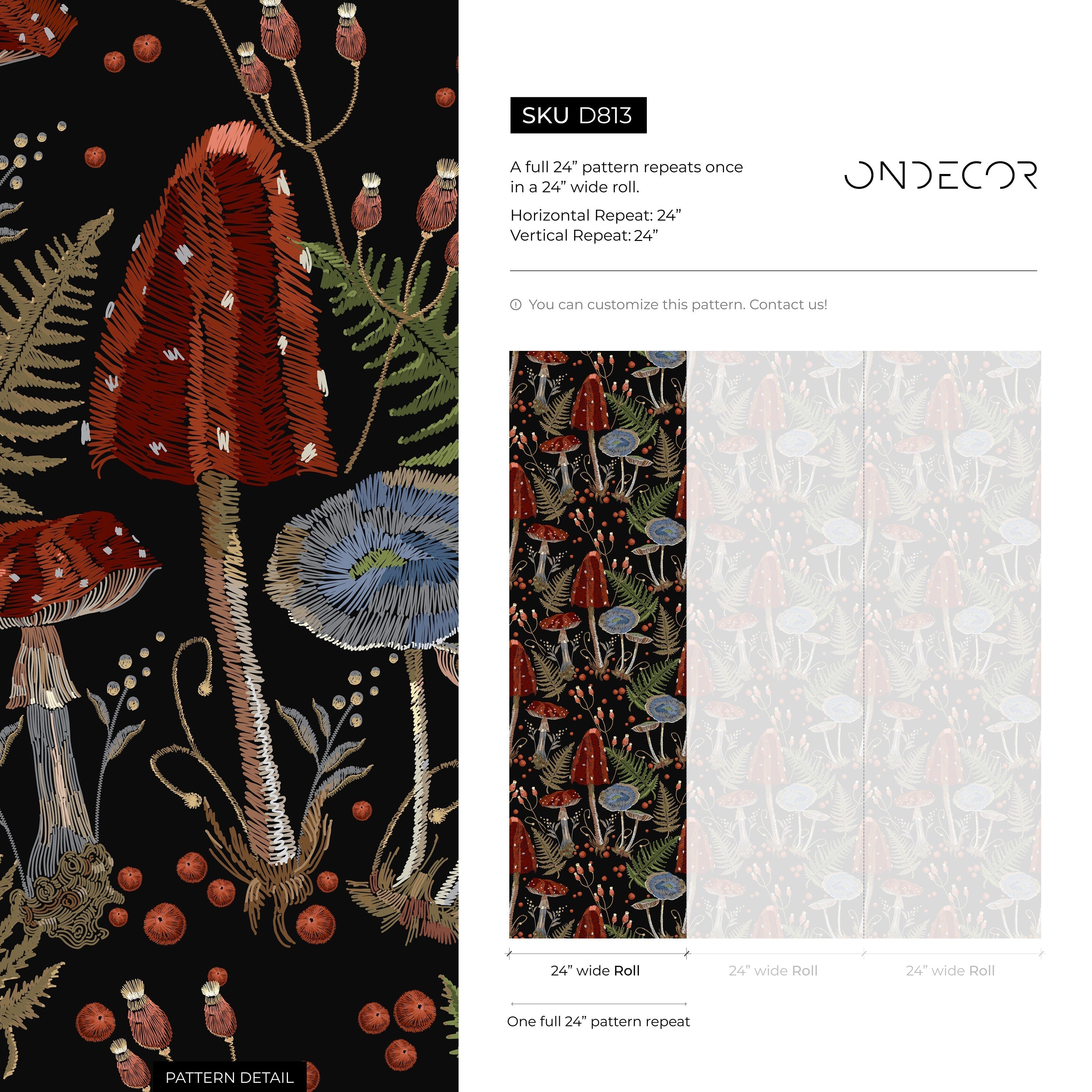 Mushroom Wallpaper Featuring Red And Blue Toadstools In Black And Green - D813