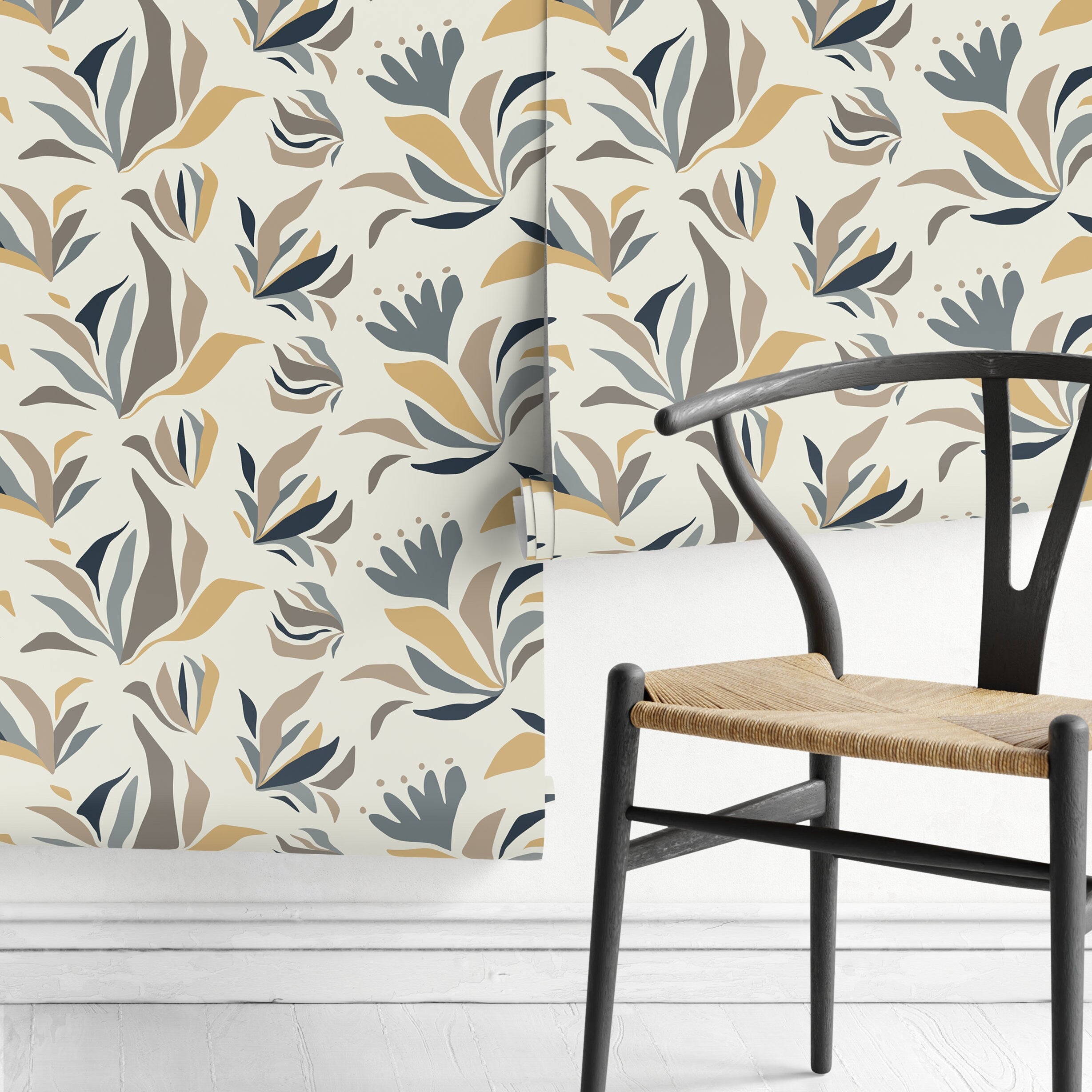 Botanical Wallpaper Featuring Abstract Floral Elements In Blue, Gold, And Taupe - D725