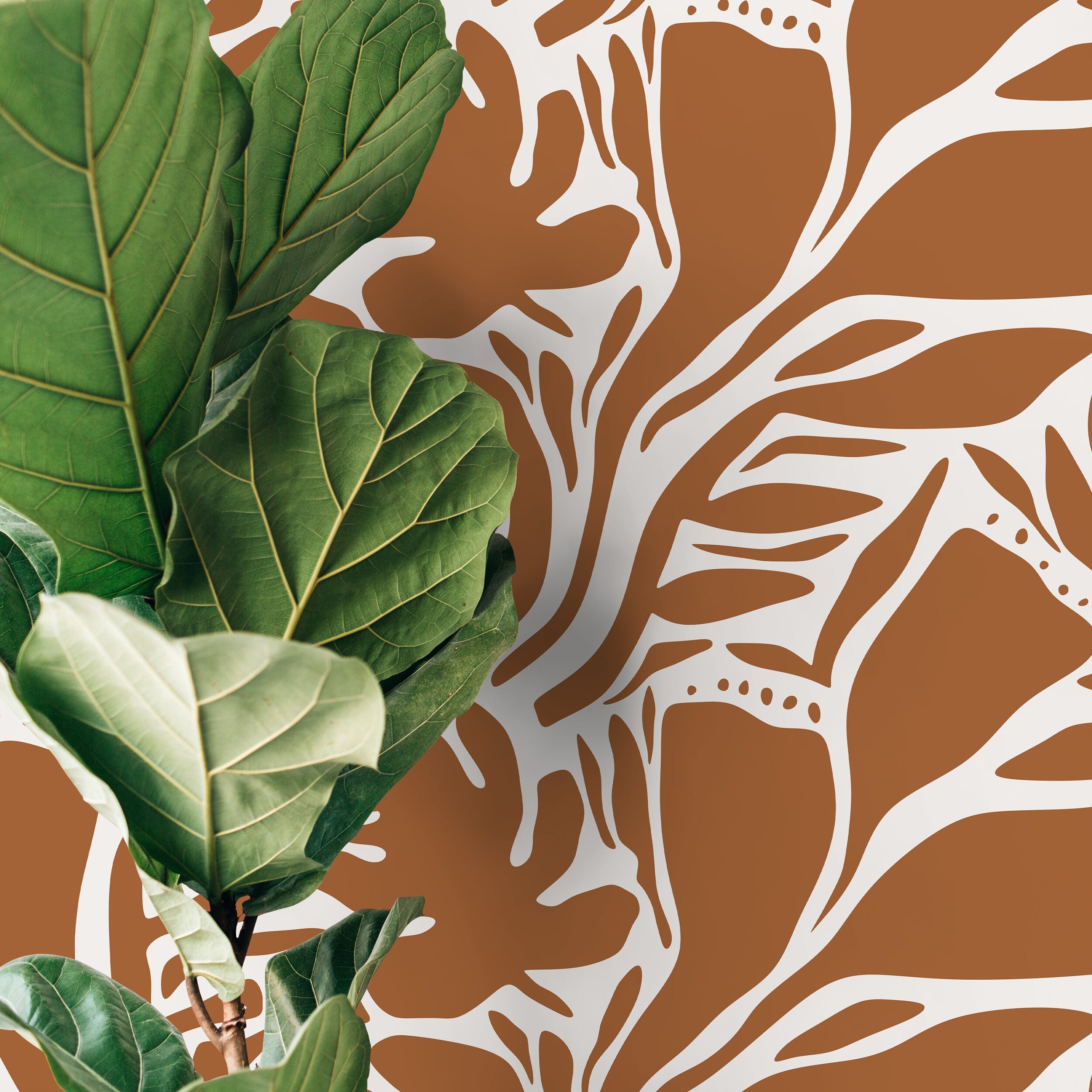 Abstract Wallpaper With A Bold Botanical Motif In Orange And White - D641