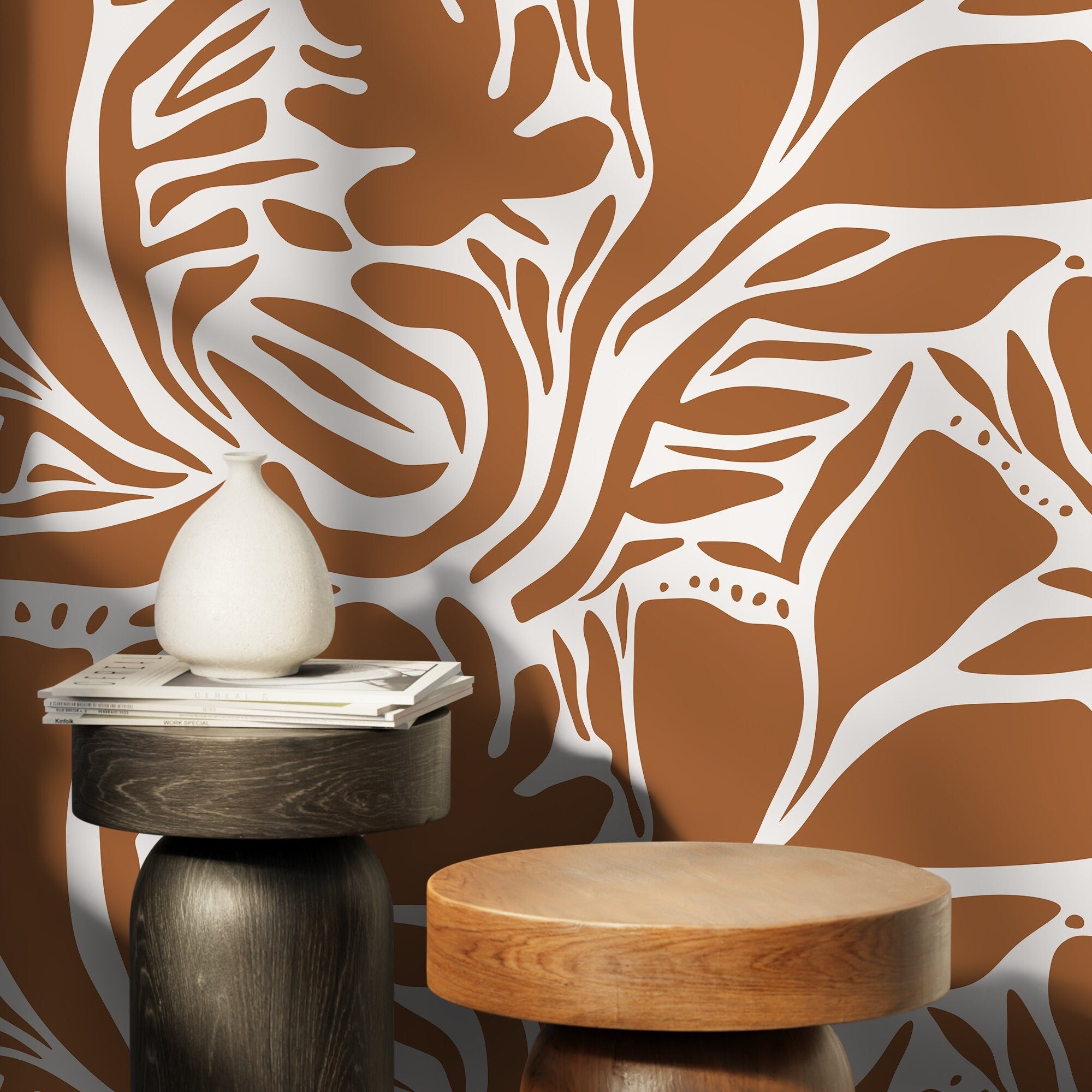 Abstract Wallpaper With A Bold Botanical Motif In Orange And White - D641