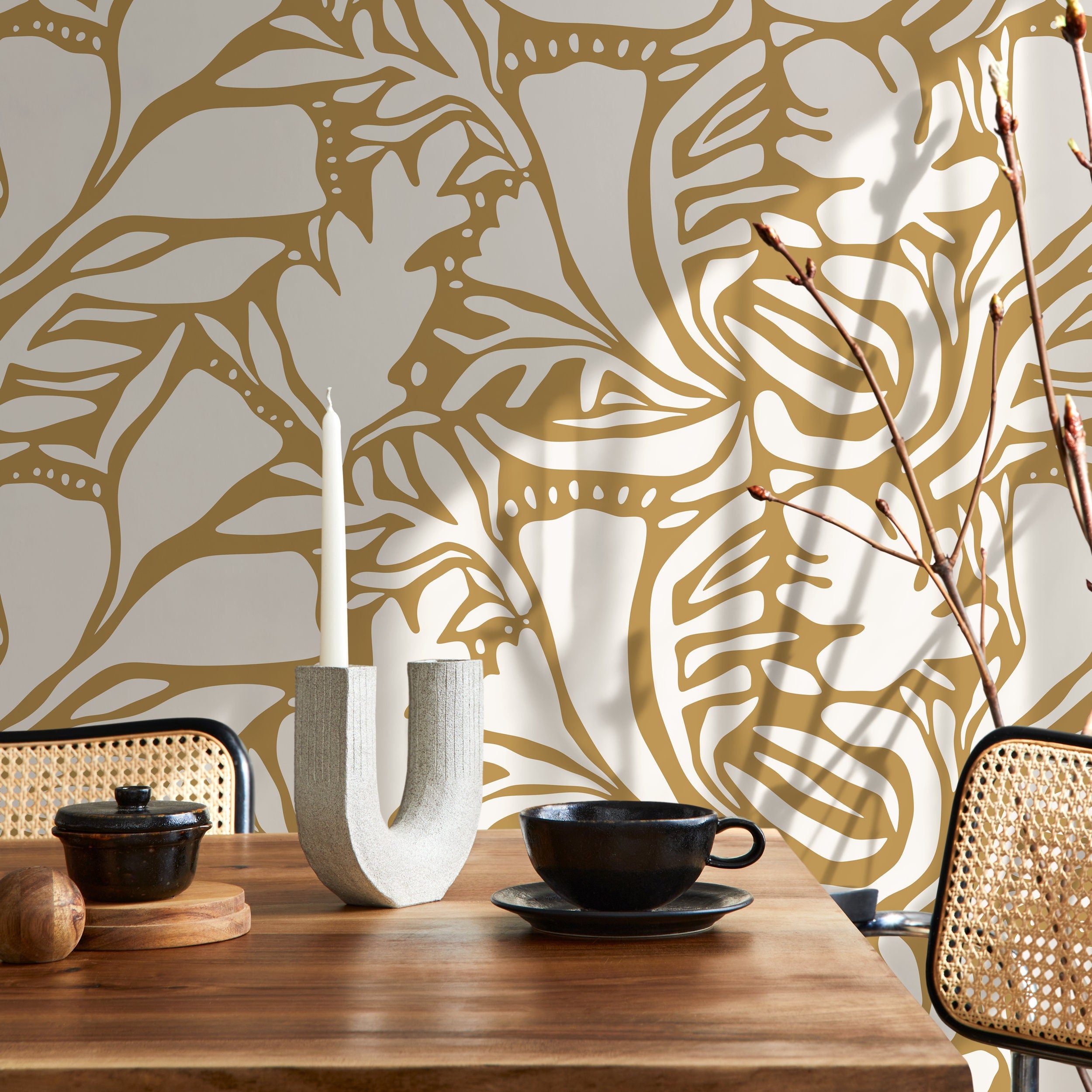 Abstract Wallpaper With A Flowing Botanical Motif In Yellow - D642