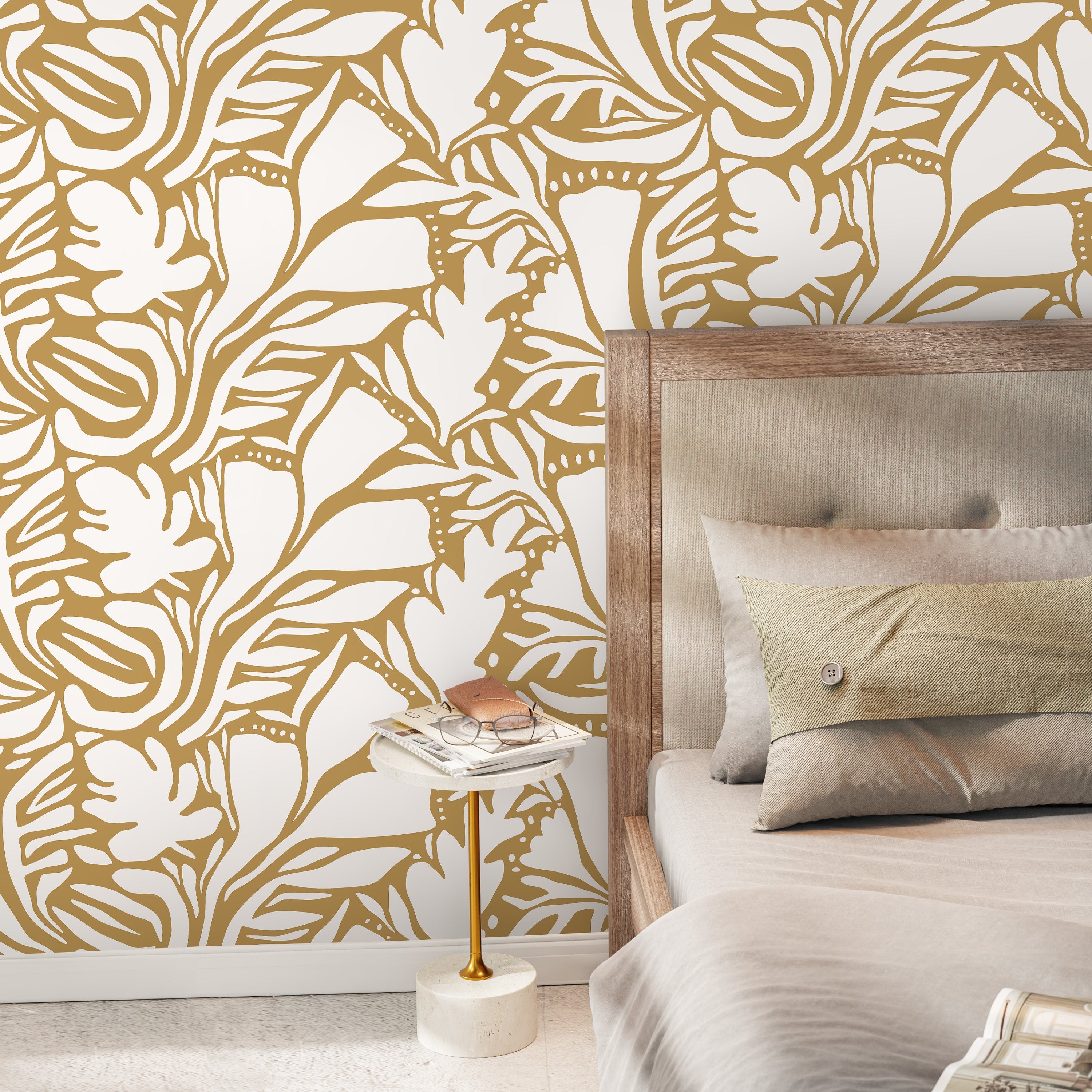 Abstract Wallpaper With A Flowing Botanical Motif In Yellow - D642